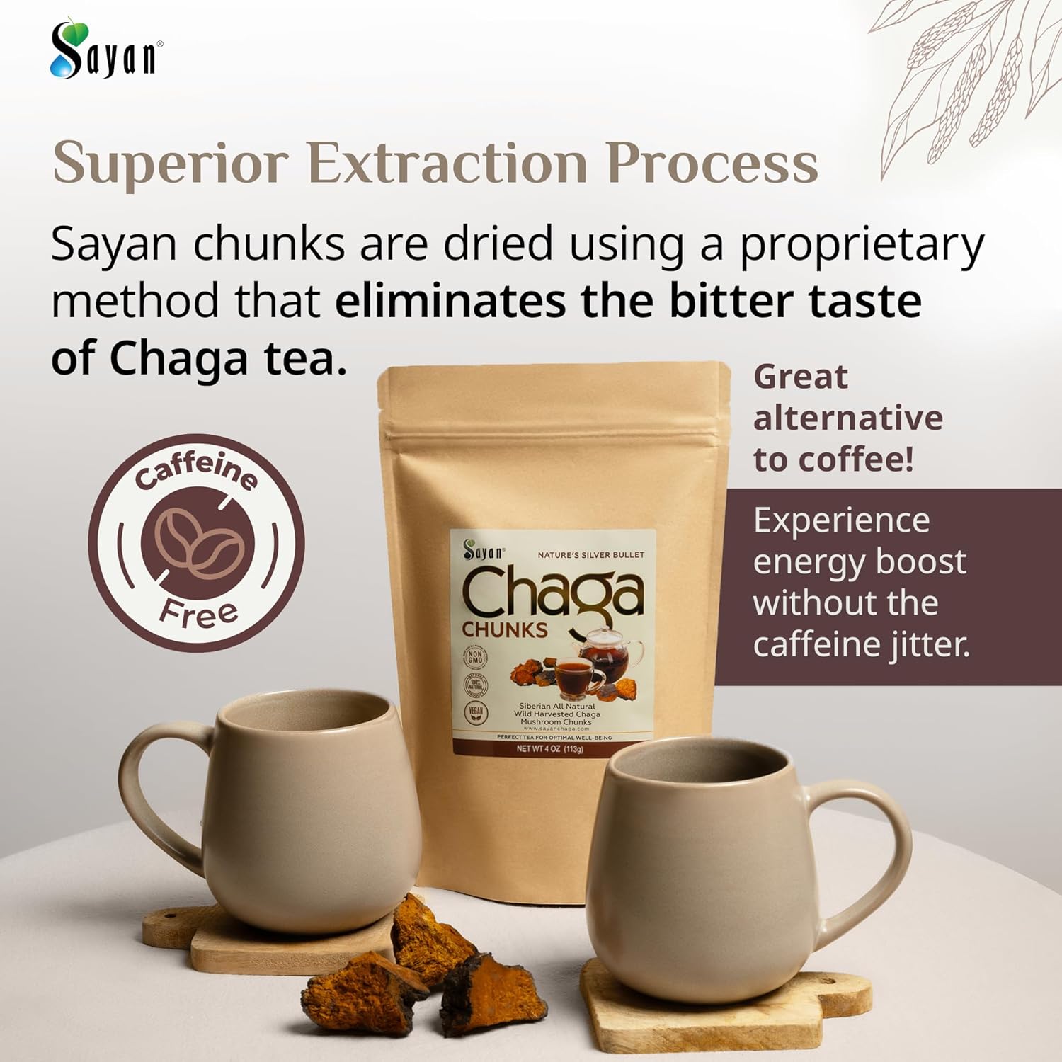 Sayan Siberian Pure Raw Chaga Mushroom Chunks with Black Top Crust 4 Oz / 113 g – Premium Wild-Harvested Antioxidant Tea for Immune Support, Focus and Digestive Health - Non-GMO