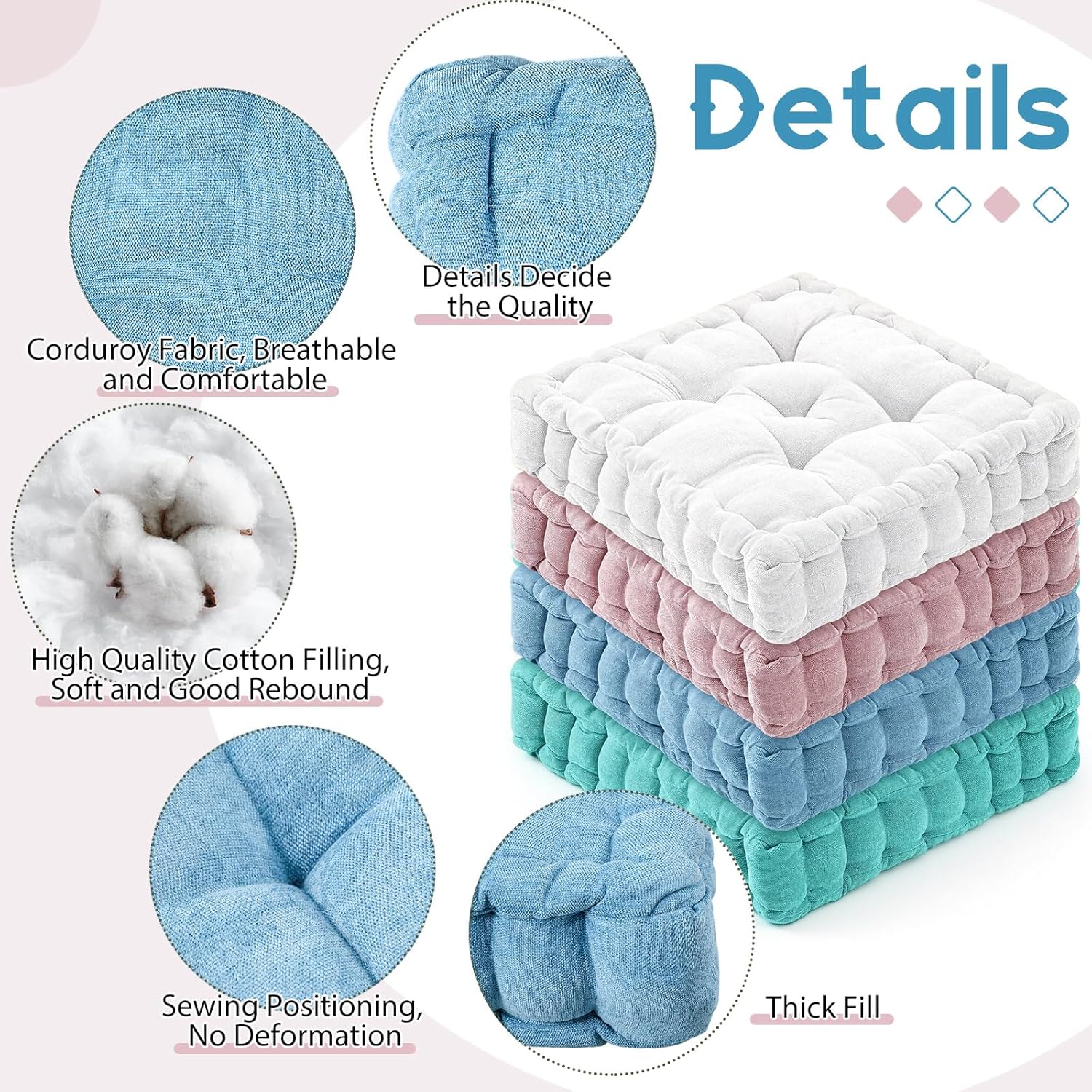 Jerify Floor Pillow Cushions Large Round Square Large Meditation Floor Pillow for Classroom Adult Meditation Picnic Party Seating Learning Daycare School(Square,Mixed Blue,4 Pcs)
