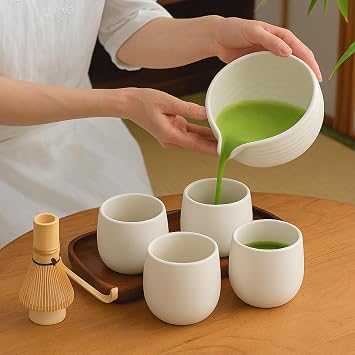 Goodwei Japanese Tea Cups - Ceramic Mugs Without Handle, Rounded Shape and Minimalist Design - Perfect for Tea, Matcha, Coffee or Espresso - Set of 4, 200ml (Camellia White)
