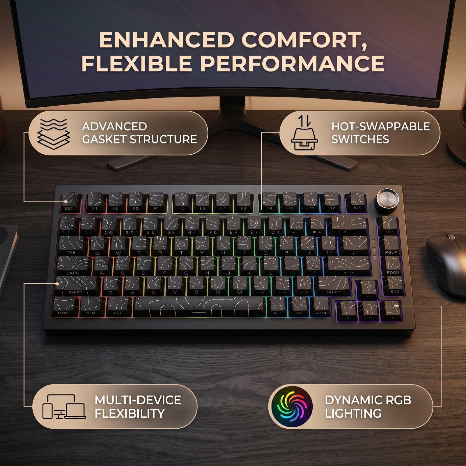 Tastiera Meccanica Wireless, Supporto per Guarnizione Retroilluminato RGB Sostituibile a Caldo Al 75% con Batteria da 8000 MAh, per PC da Gioco Mac (di contorno nera)