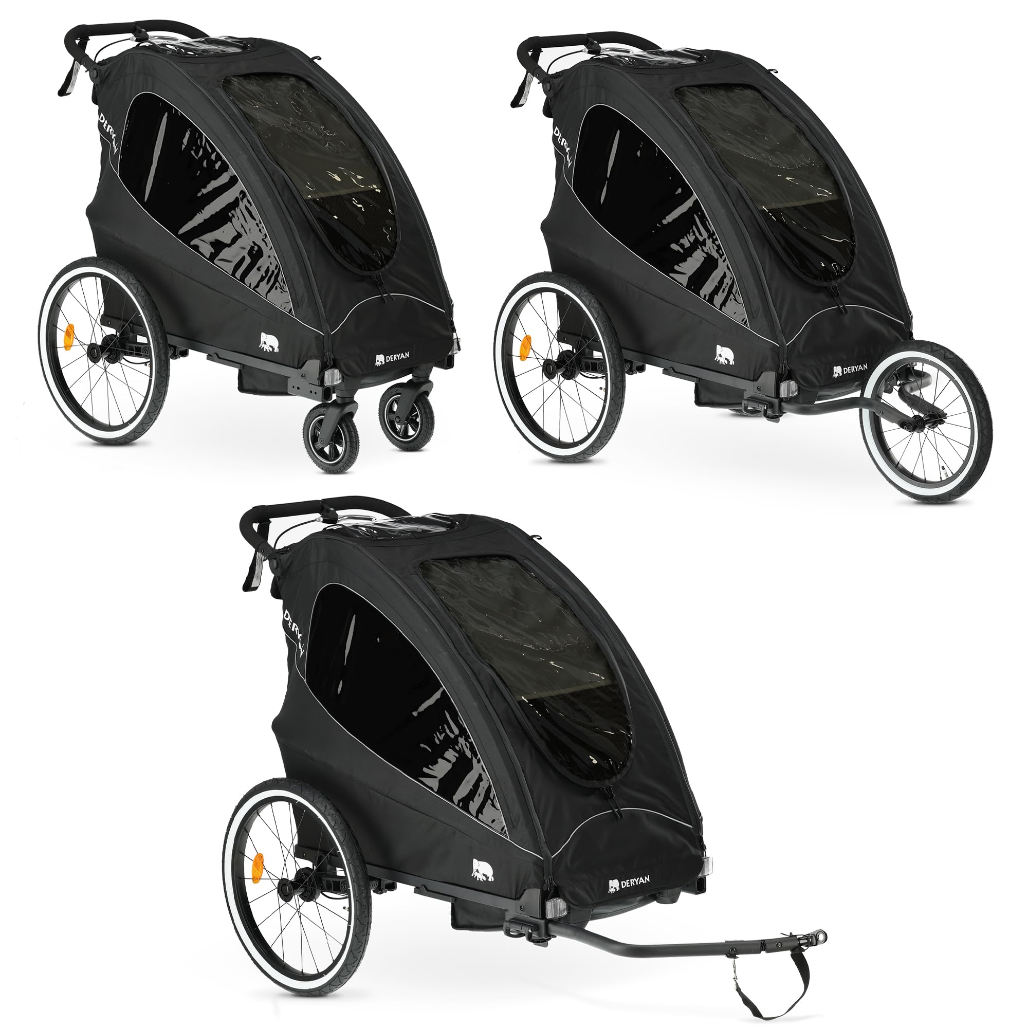 Deryan Luxus 3-in-1 Rimorchio per Bicicletta per 1 Bambini – Rimorchio per Bicicletta, Passeggino & Jogger – Passeggino Multifunzionale con Cintura a 5 Punti – Nero
