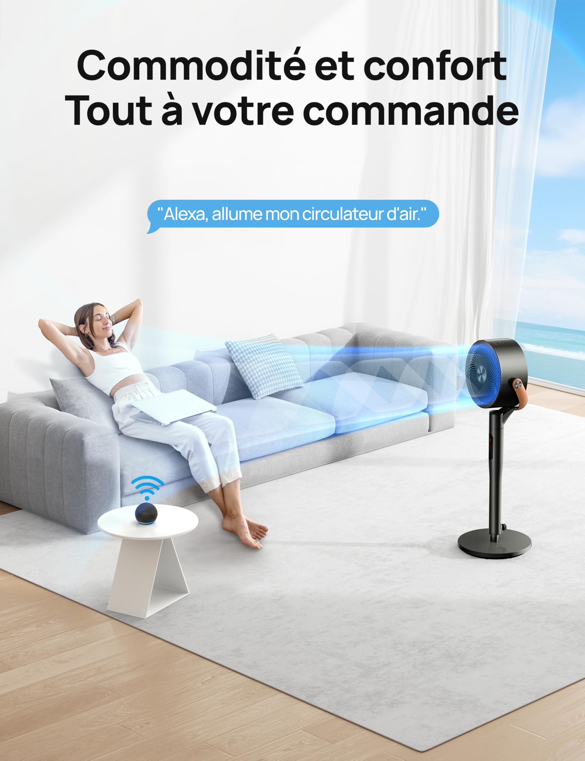 DREO Smart Ventilateur sur Pied 25dB Silencieux, Flux d'air 7.5 m/s, Portée de 30 m, Oscillation à 120° + 105°, avec Télécommande, 6 Modes, 8 Vitesses, Minuterie 12 h, Compatible avec Alexa, Noir