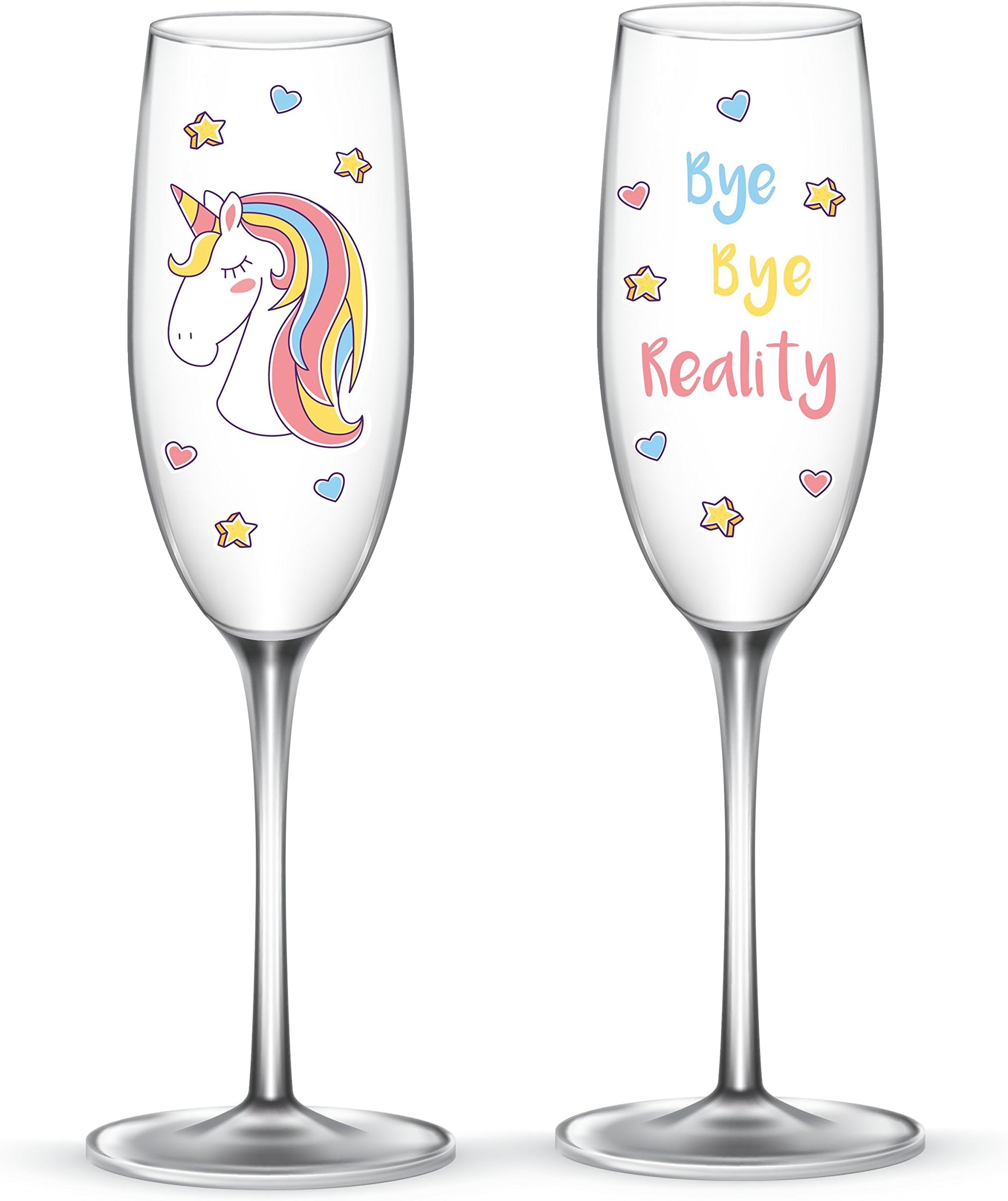 EinhornLiebe® Champagne Glasses Set, Unicorn Glass ‘Bye Bye Reality’ for Champagne or Sparkling Wine, Set of 2 in Gift Box