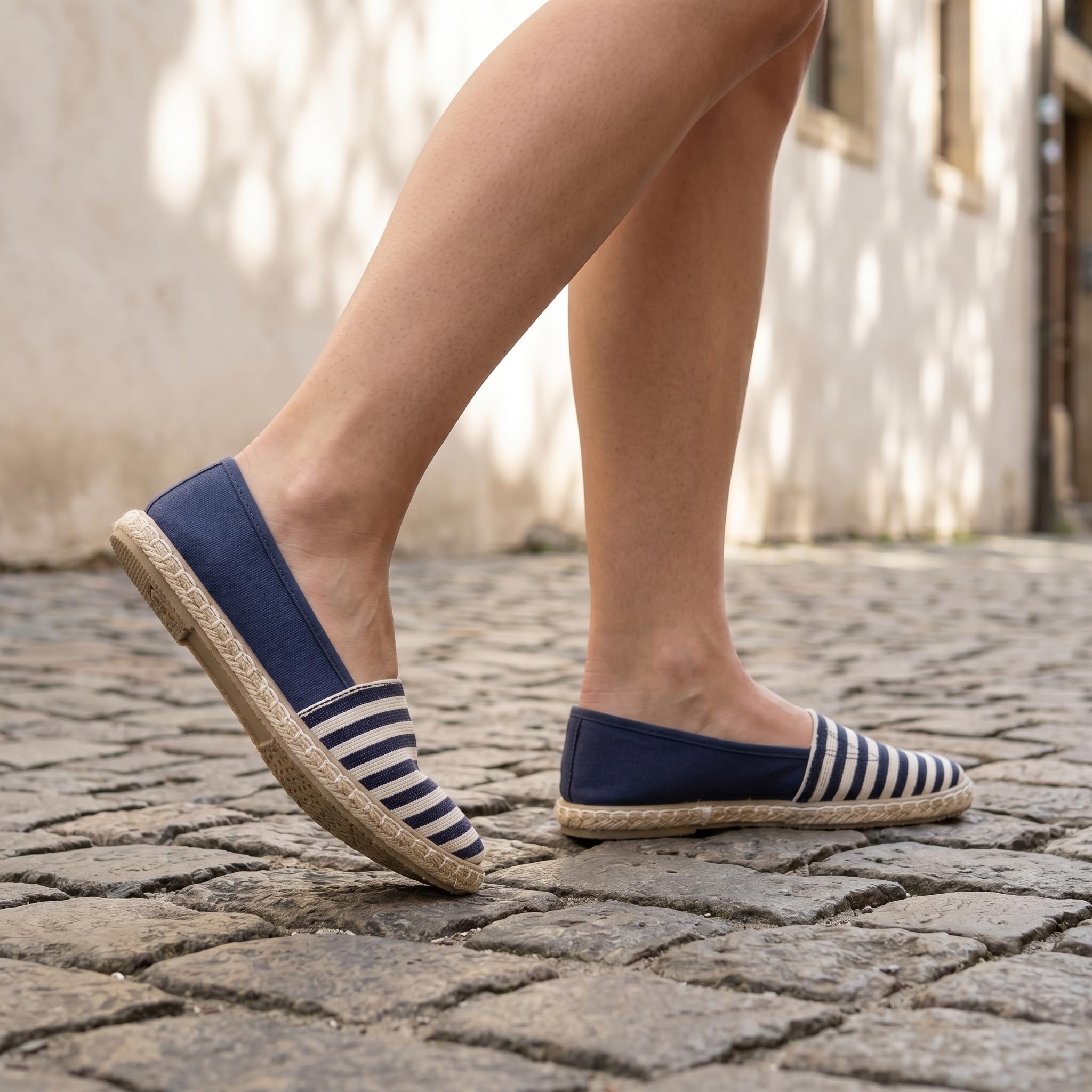 GLAMORA Alpargatas Mujer Lona a Rayas, Bailarinas Esparto Mujer Suela Goma Antideslizante, Manoletinas Planas Verano Comodas, Zapatos Slip On Mujer Ligeros Transpirables Calzado Verano Mujer