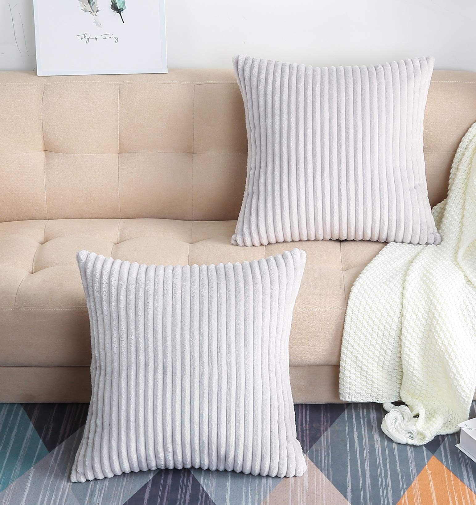 TangDepot, Set of 2 Solid Velvet Striped Corduroy Decorative Throw Pillow Covers, Square Pillow Covers - (20"x20" 2 Pieces, A23 Light Grey)