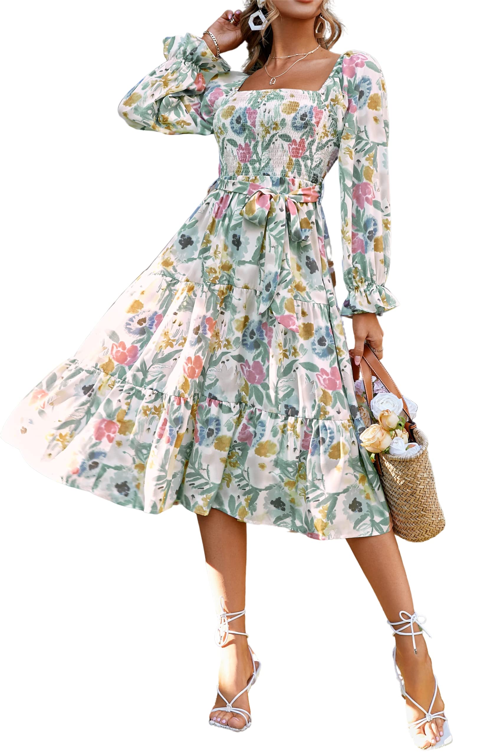 Glamaker Robe longue d'été fluide à manches courtes et col carré pour femme, Multicolore, Taille S