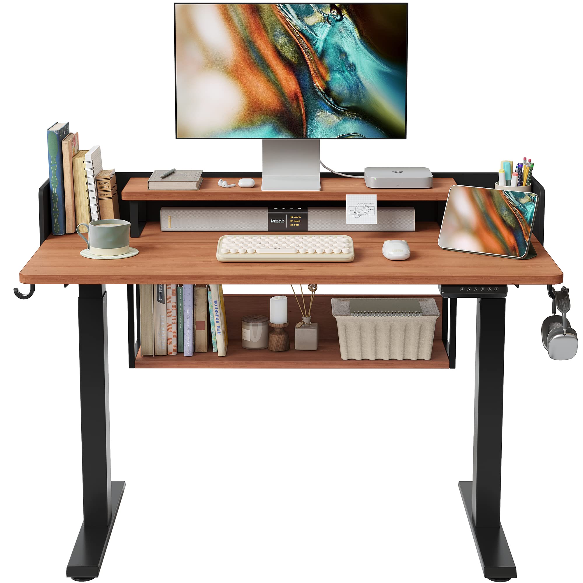 FEZIBO Electric Height Adjustable Standing Desk with Double Shelves, 48 x 24 Inch Home Office Desk with Monitor Stand and Storage, Sit Stand Rising Desk, Nature