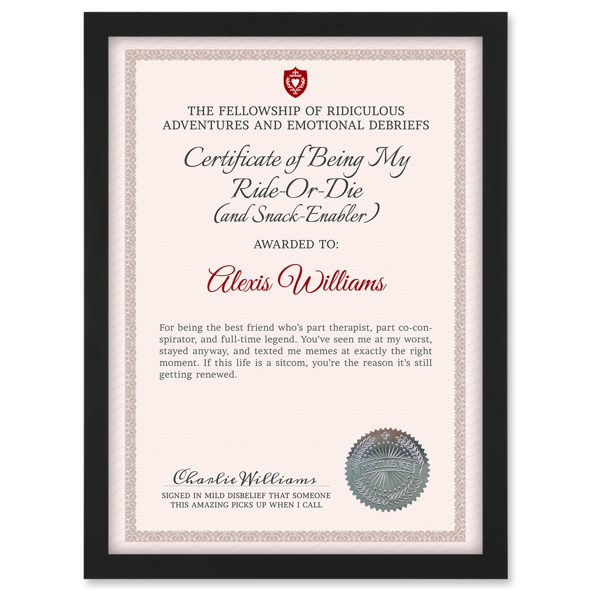 Artery8 Personalised Certificate Best Friend Bestie Ride Or Die A4 Black Framed Diploma Novelty Award Thank You