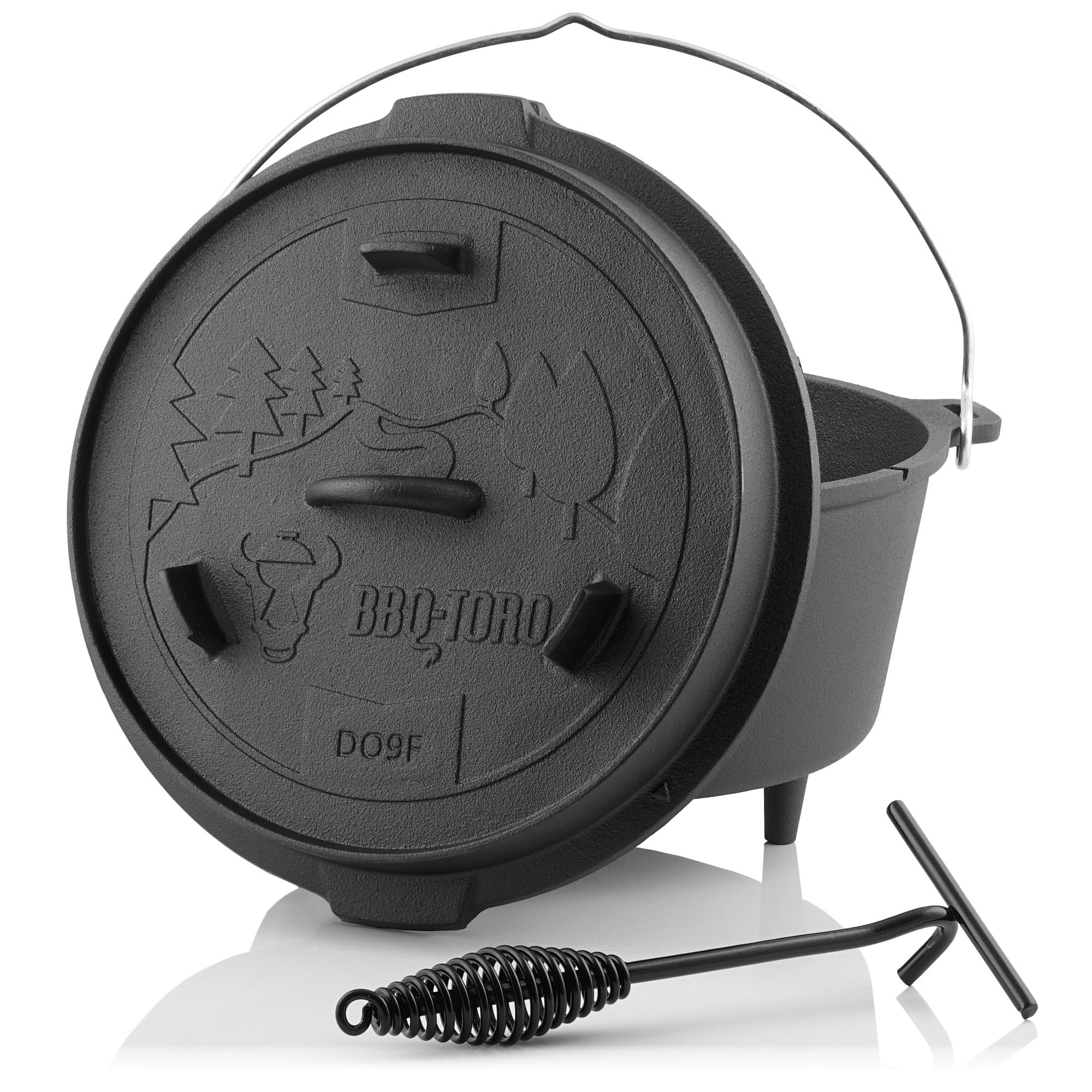 BBQ-Toro Horno Holandés Serie Forest | 9 Litros | Dutch Oven con Patas | Ya Curado - Pre-Seasoned | Olla de Hierro Fundido para Barbacoa | Cacerola de Hierro Fundido | Olla para Barbacoa con Tapa