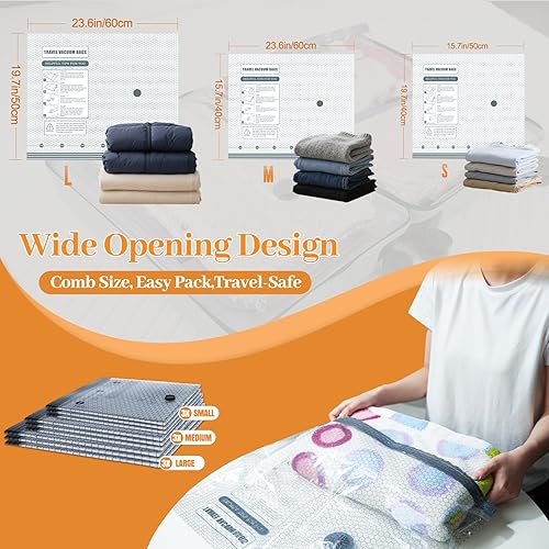 Miniatura 4 de Bolsas de sellado al vacío de viaje para ropa con bomba eléctrica portátil, paquete de 9 bolsas de almacenamiento al vacío que ahorran espacio,