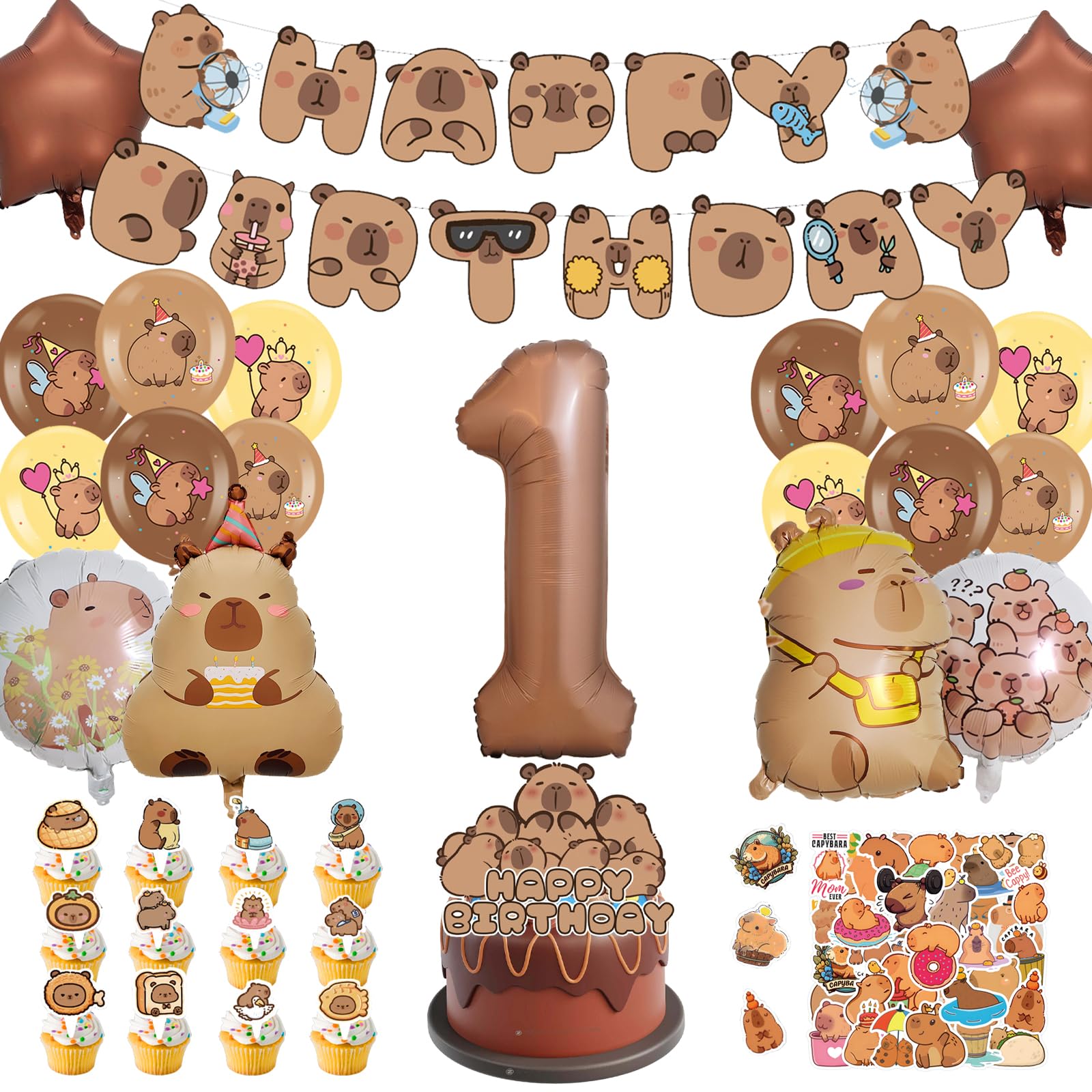 AUNGKWANG Capybara Birthday Decoration 1-12 Years Boy Girl 99 Pieces Capybara Decoration Birthday Set with Balloons Banner Cake Decoration and Stickers for Children's Birthday Party Decoration