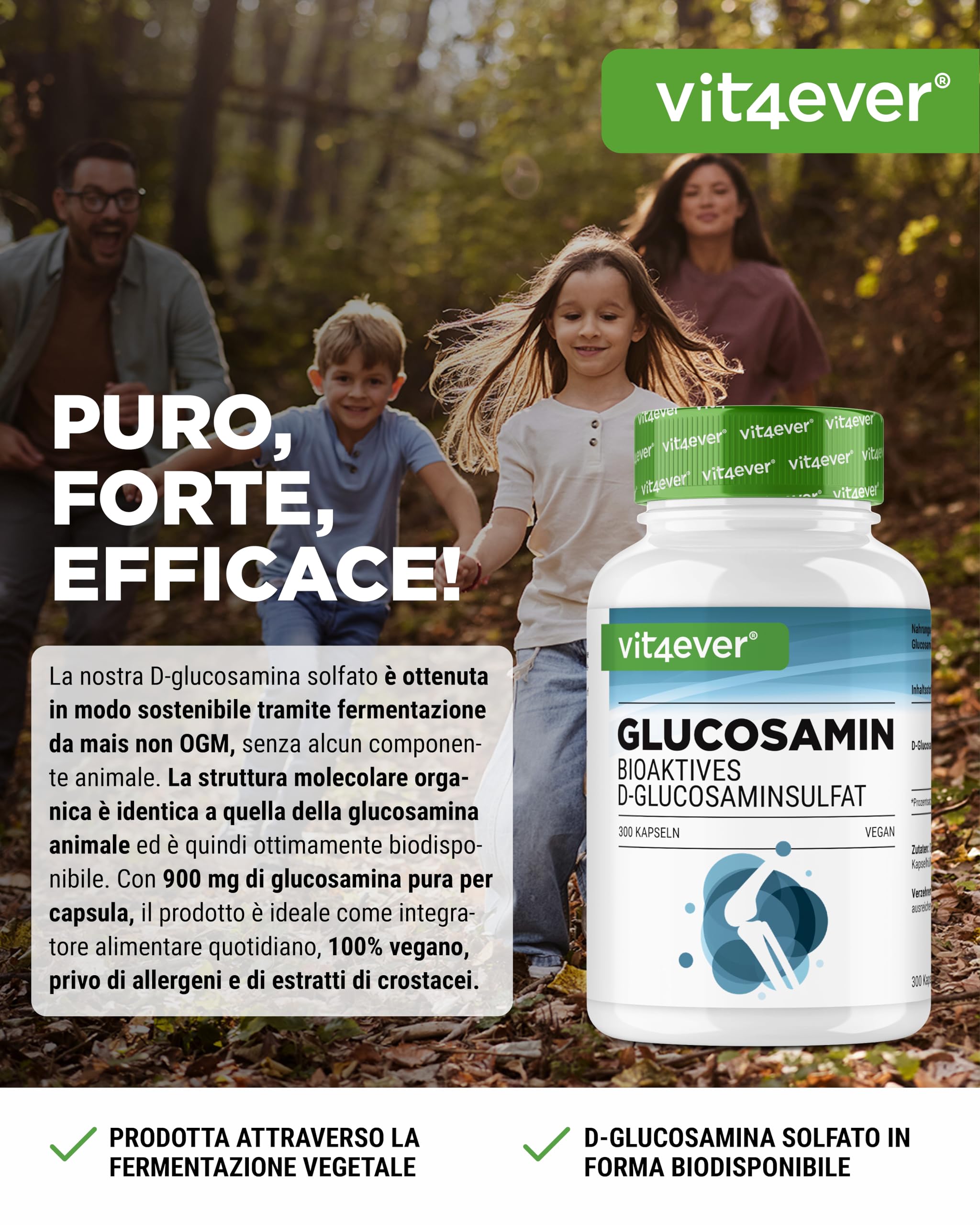 Glucosamina 900mg - 300 capsule - solfato di D-glucosamina bioattivo da fermentazione - senza additivi indesiderati - dose elevata - vegano