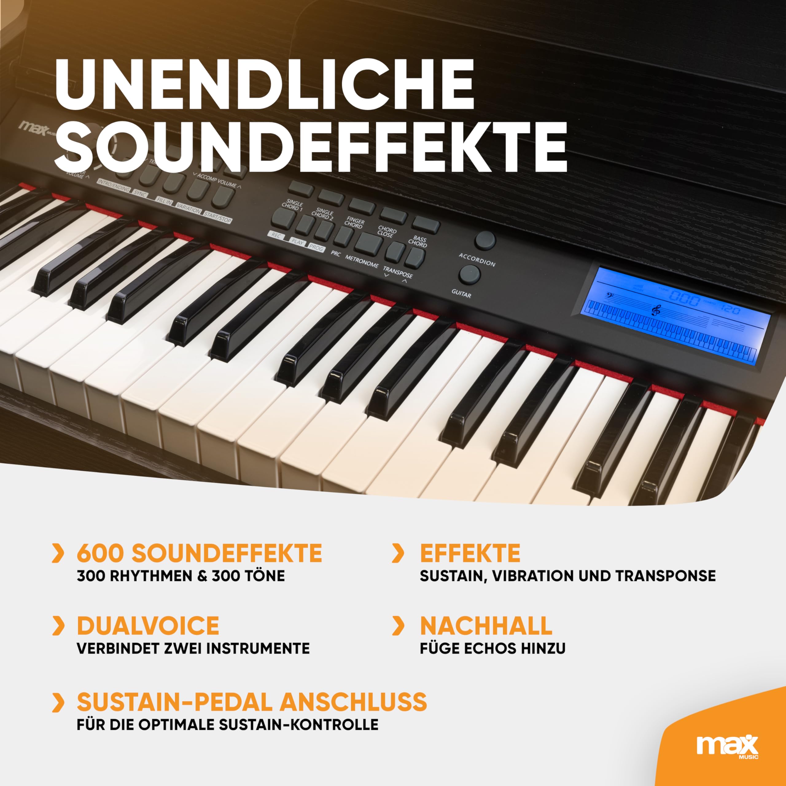 RhapsodyDP61 - Digitales E Piano Keyboard mit 61 Tasten, Keyboard mit Anschlagdynamik, Klavier-Möbel Ständer, 300 Sounds und Rhythmen, 80 Demos, Effekt Akkorde, USB, MIDI, Sustain Anschluss