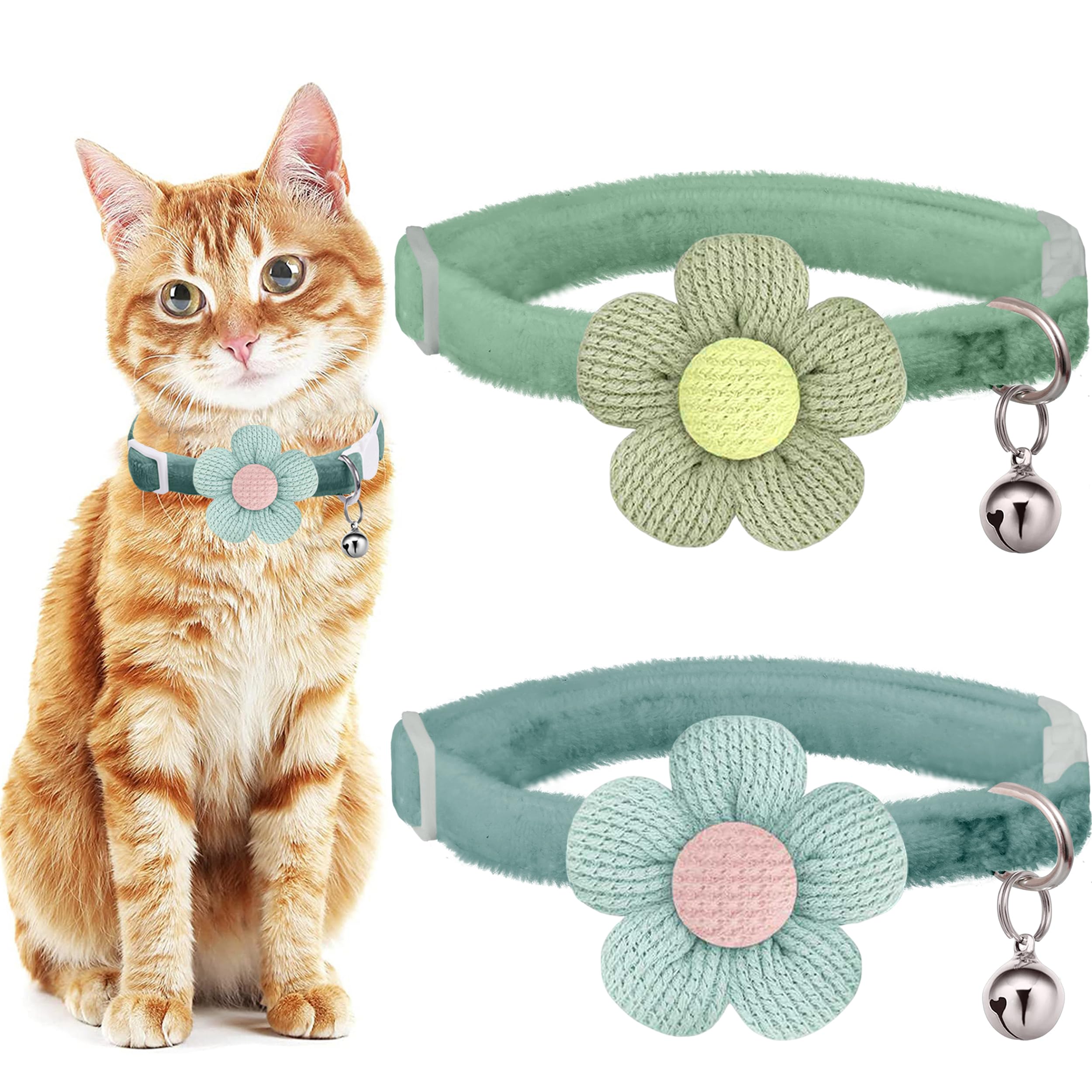 Breakaway Cat Collars with Bells, MUZIEBA Kitten Collar for Girl Boy Adjustable Safety Kitty Collars for Cats Puppy and Small Pets (Blue + Green)