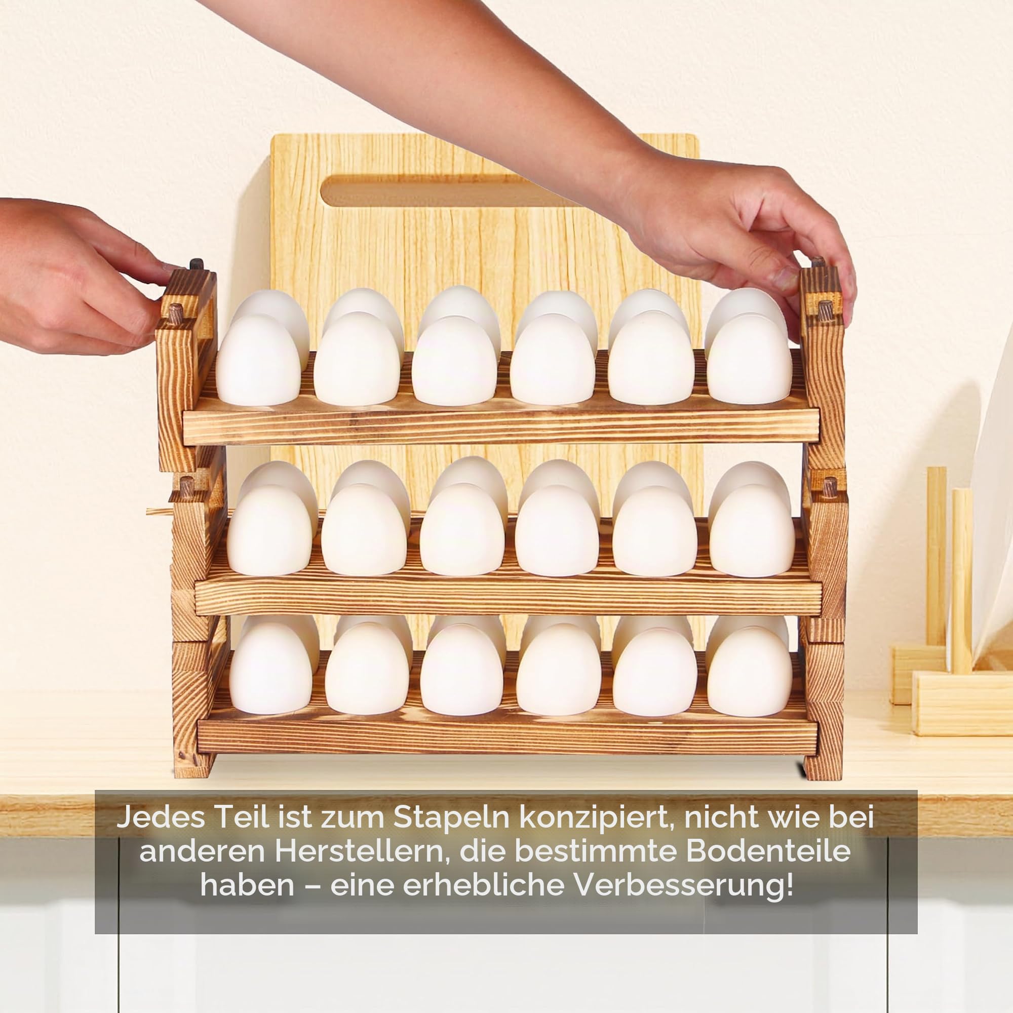 CVHOMEDECO. Holz Eierhalter, frische Eierhalter, Arbeitsplatte, Brennholz Eiersammelregal zum Sammeln von frischen Eiern, stapelbar mit 36 Eiern, Organizer für Zuhause und Küche, 3er Set