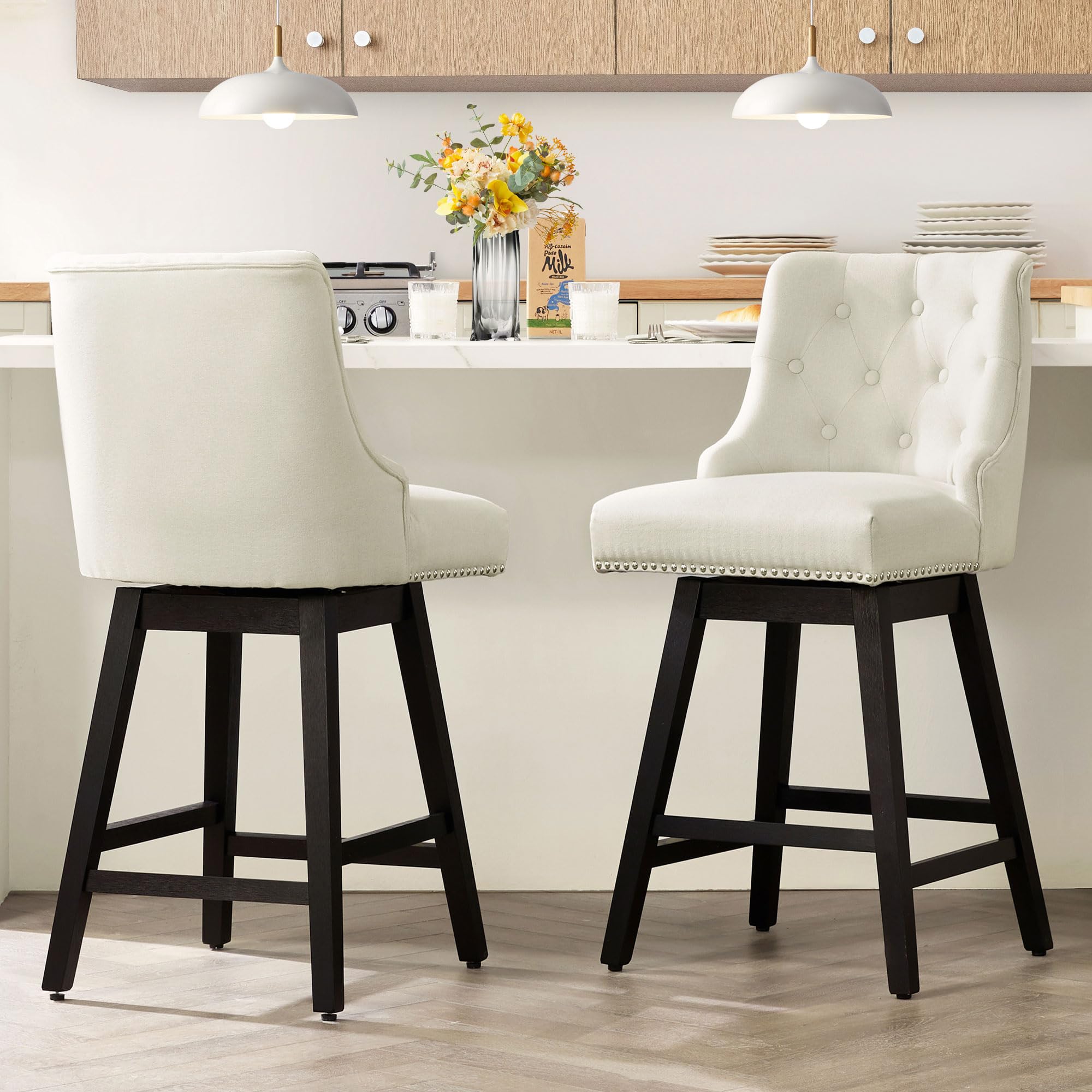 Swivel Bar Stools Counter Height, 26" Upholstered Swivel Counter Stools with Back Set of 2, Modern Kitchen Island Stools with Solid Wood Legs, White
