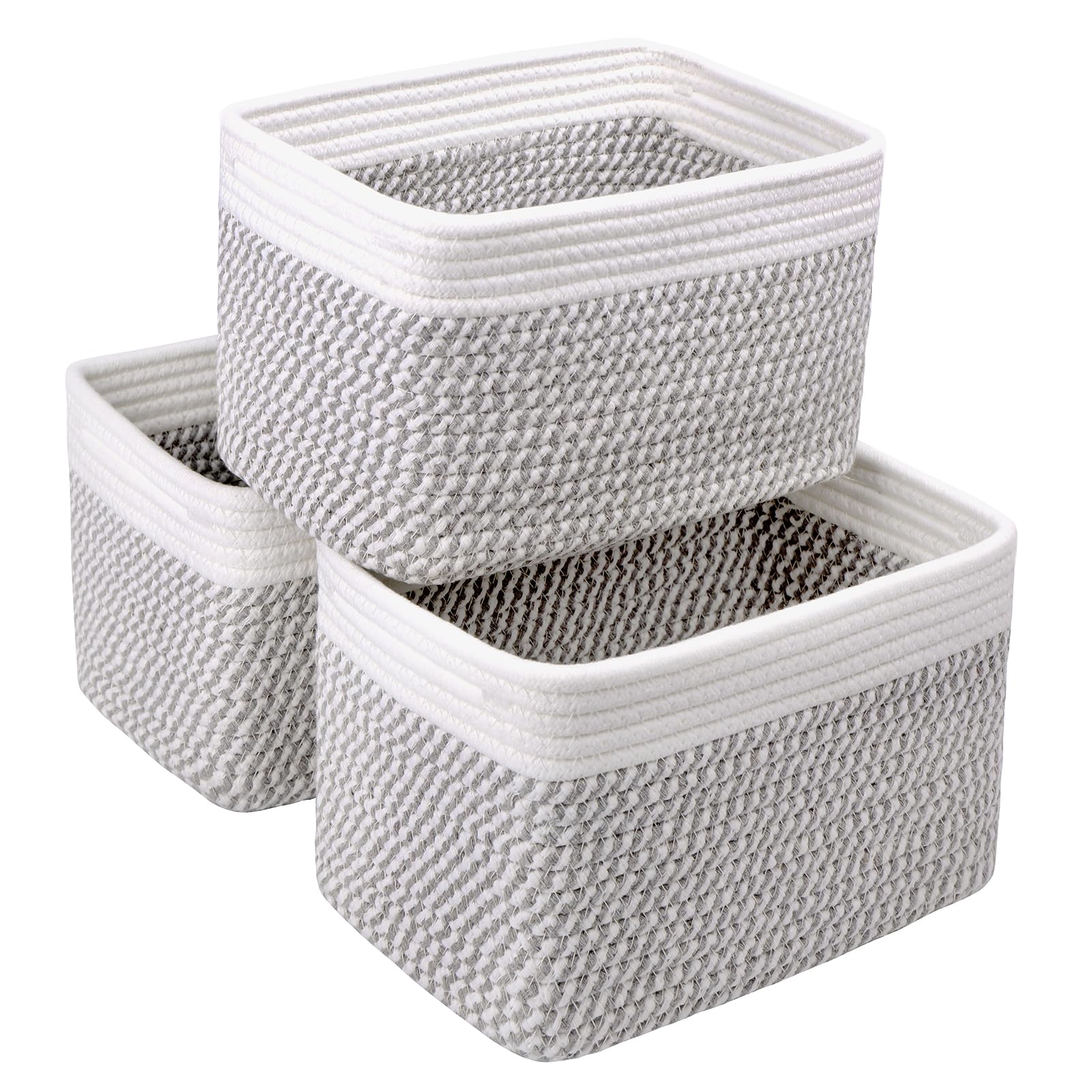 R RUNKA Small Cotton Rope Storage Basket Set of 3 - 11"x7"x7" - Perfect Woven Baskets for Storage, Ideal for Organizing Toys, Towels, and More - White & Mixed Grey