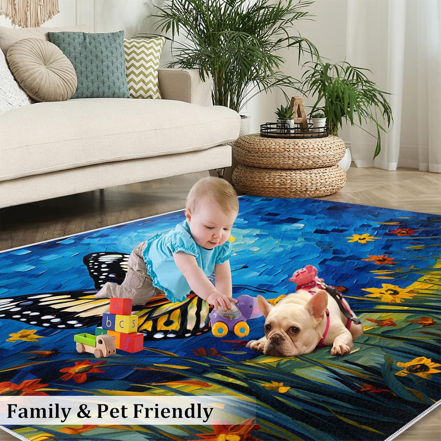 4x5 Area Rugs - Starry Sky Butterfly Rug for Entryway, Post-Impressionist Art Oil Painting Washable Entry Way Rugs Kids Carpet for Inside House Playroom Living Room End Table Nursery