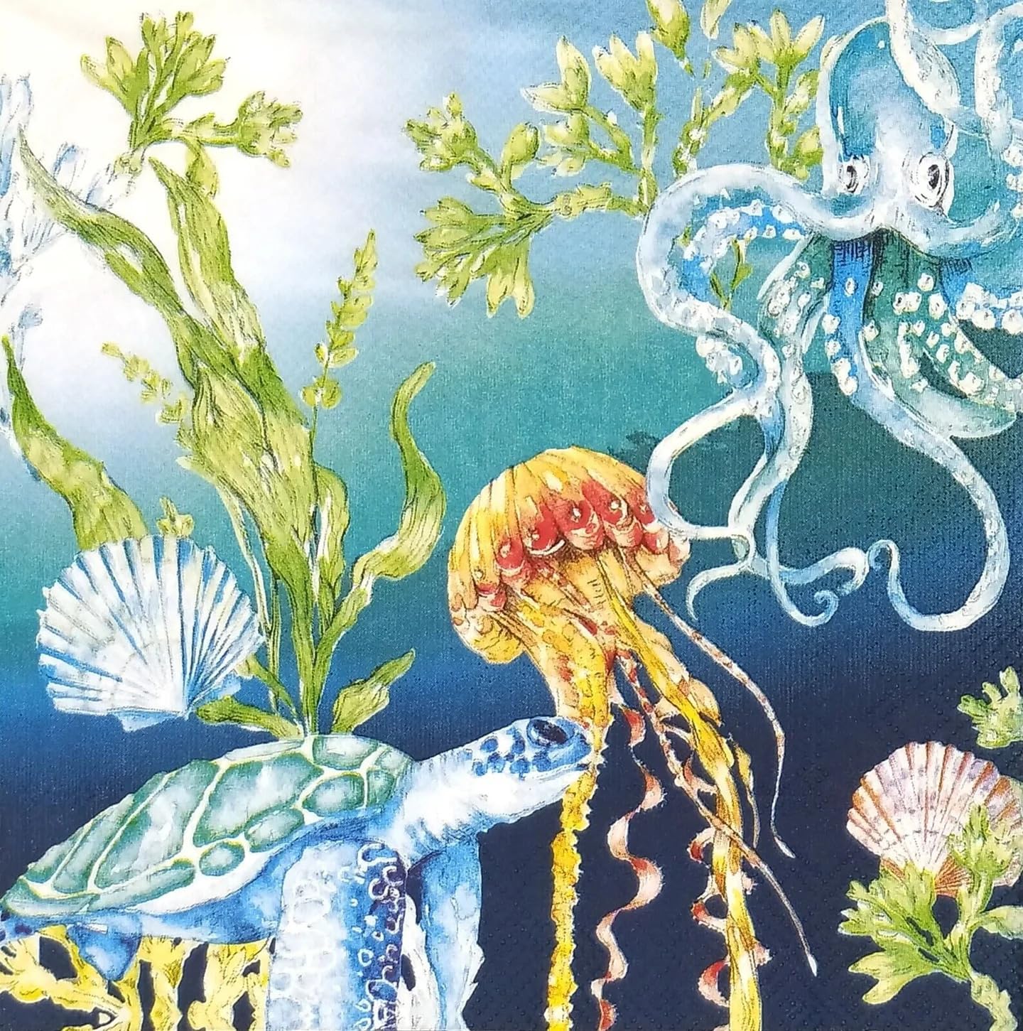 Set of 2 Individual Decoupage Paper Party Napkin Ocean Sea Creatures Marine Watercolor Decor Luncheon Napkins for a Birthday Holiday, Wedding, Cocktail Party