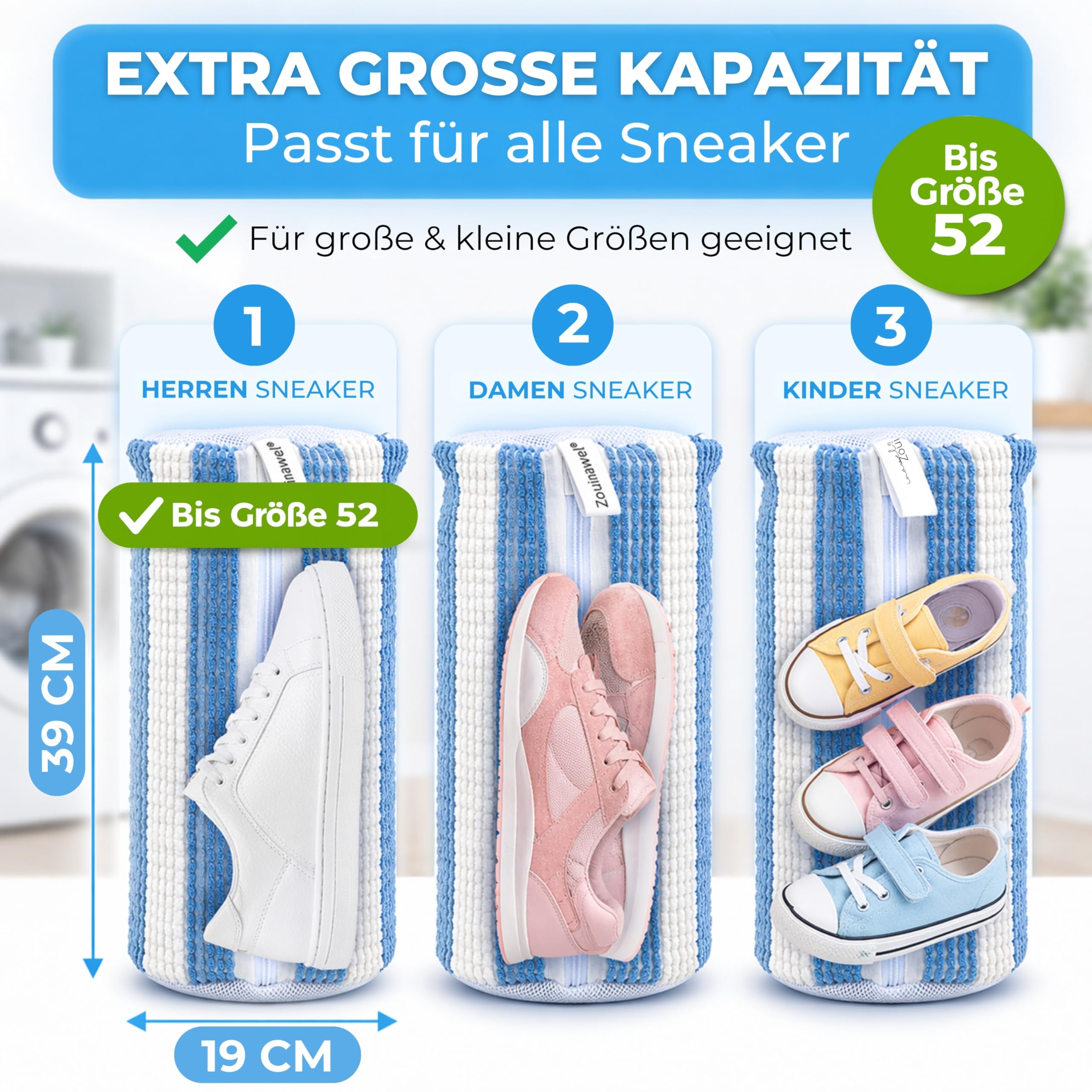Schuhwaschbeutel 2 Stück XXL für 2 Schuhe bis Gr. 52 – Gepolstert & langlebig – Leiser Waschbeutel für Sneaker – Wäschesack Waschmaschine