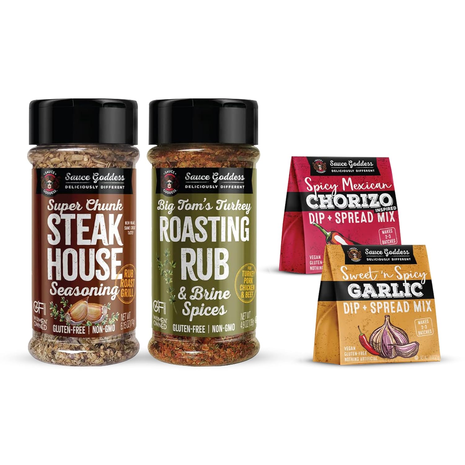 Sauce Goddess - Shaker Duo Deals (Duo #3) - Super Chunk Steak House, Big Tom's Turkey Rub, Spicy Mexican Chorizo & Sweet n’ Spicy Garlic, Vegan Dips
