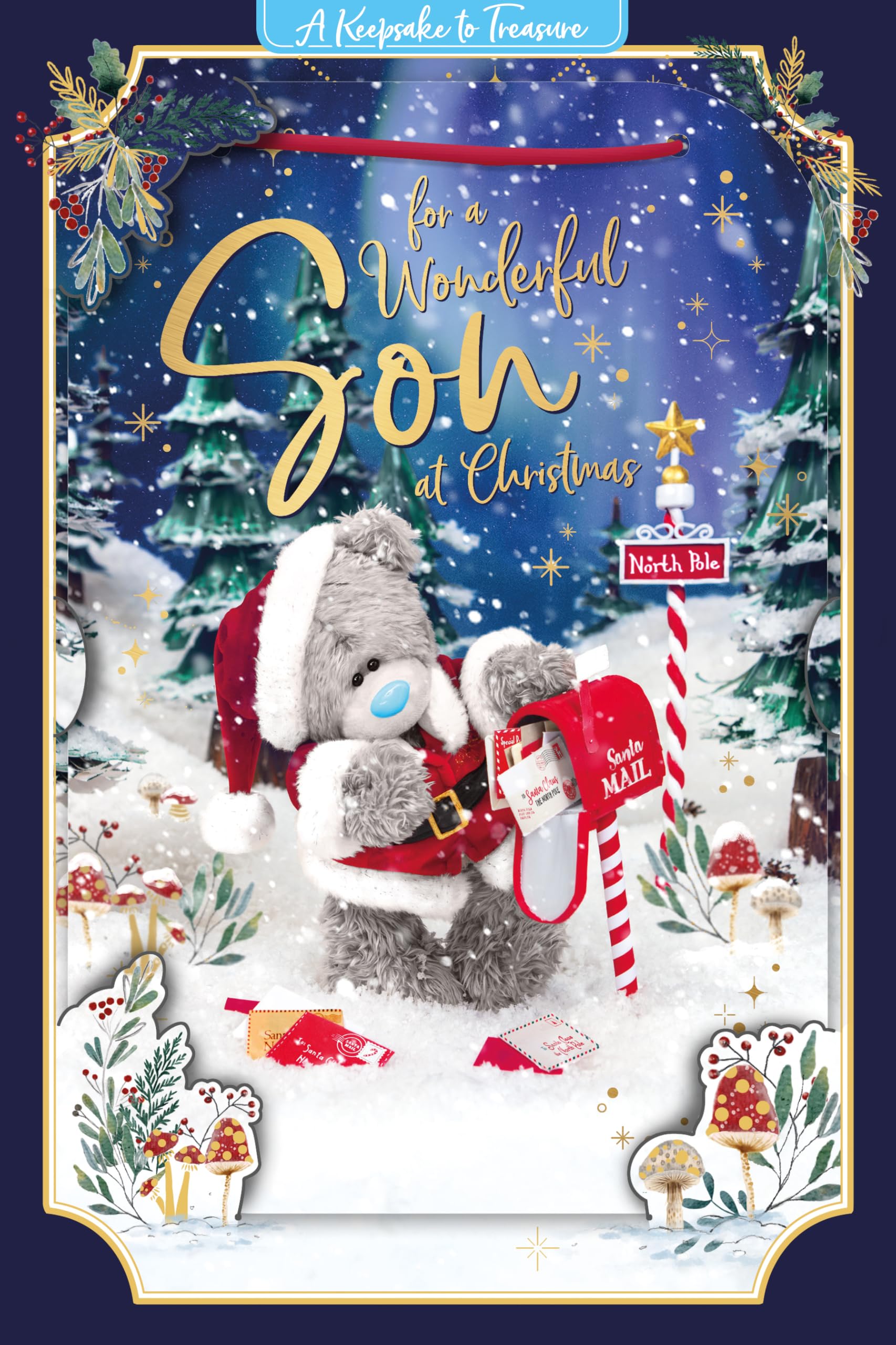 Me To You Tatty Teddy 3D Christmas Keepsake Card For A Wonderful Son, Tatty Teddy With Christmas Mail 6x9ins - Official Collection
