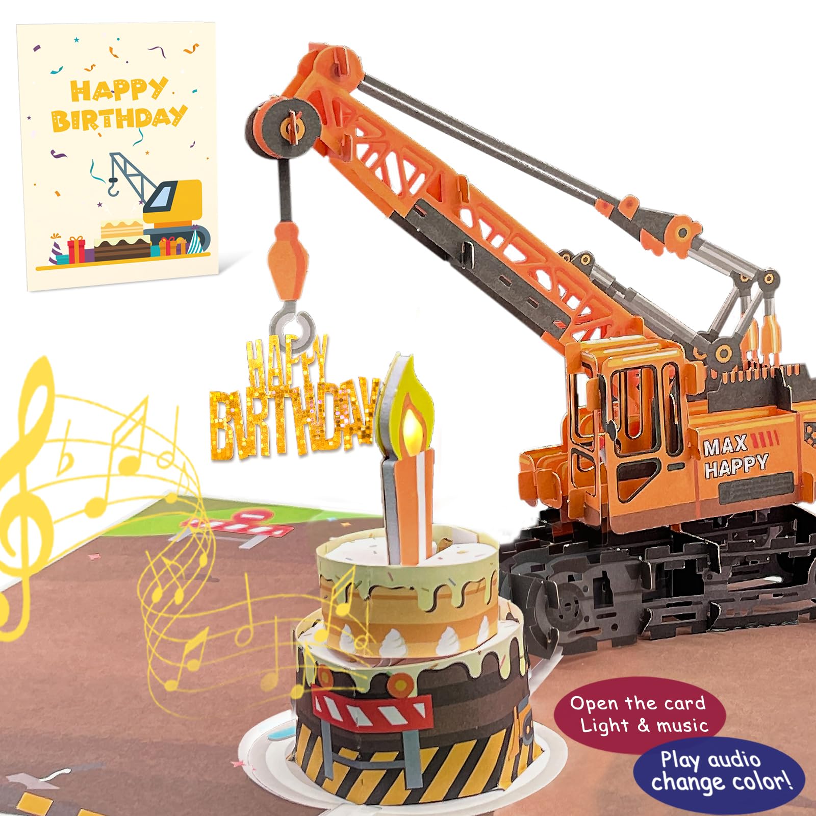 DTESL 3D Greeting Pop Up Birthday Card with light and music, Crane Truck card For Boy, Nephew, Grandson, Son, Toddler, with Envelope, Message Card -