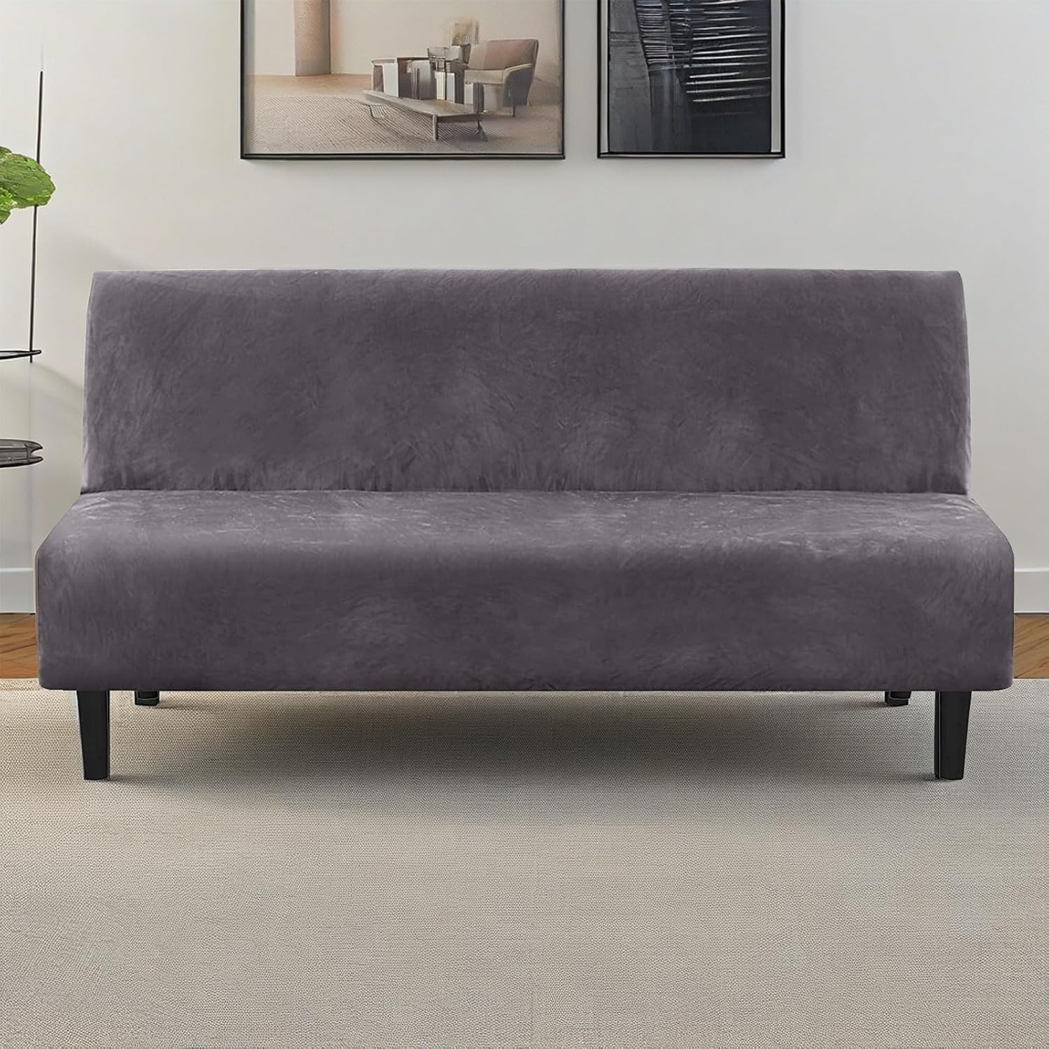 Velvet Armless Sofa Cover Folding Futon Covers Full Size Sofa Bed Slipcover Furniture Protector for Living Room Grey