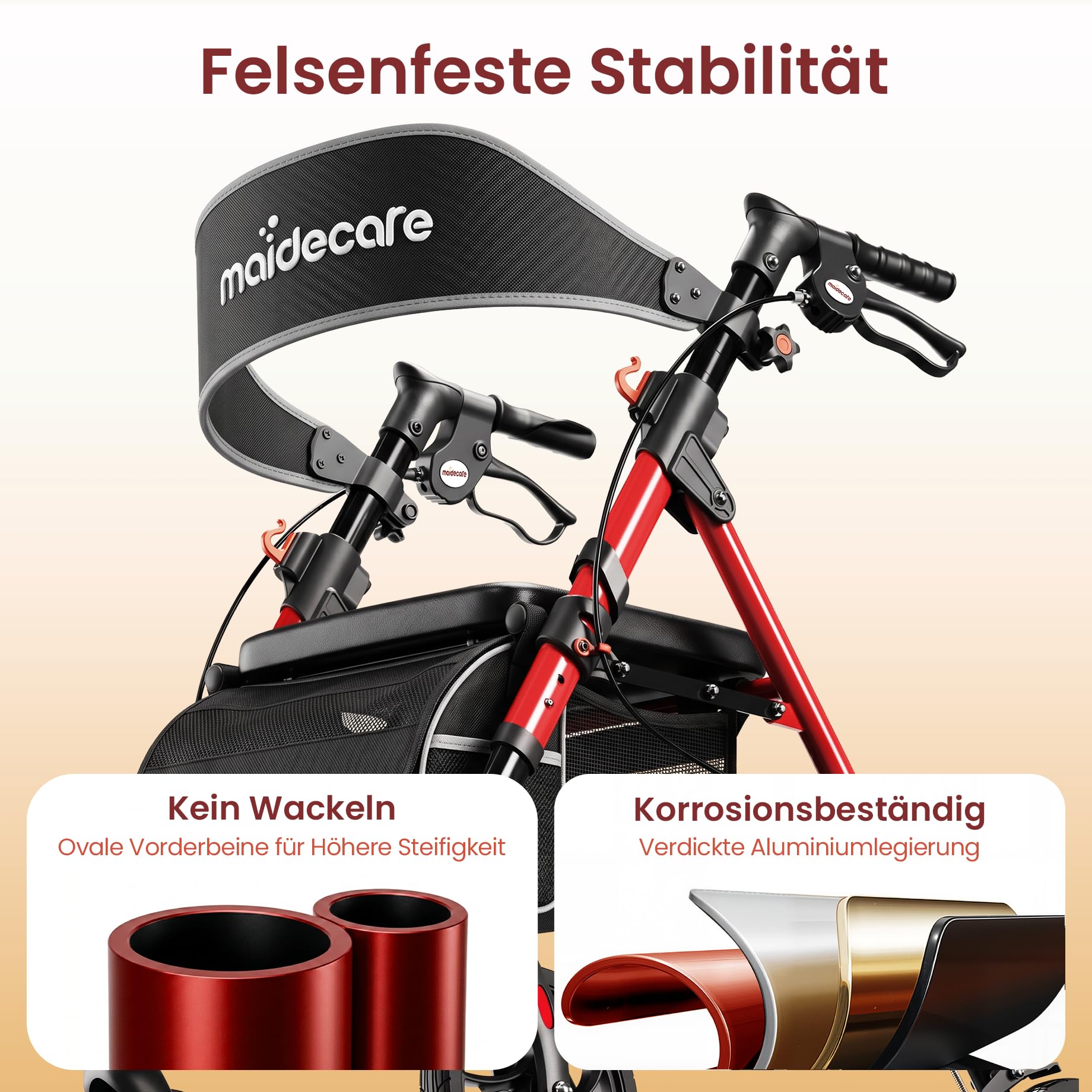 Rollator Faltbar und Leicht mit Sitz, Rollatoren für Senioren Klappbar, Schmal für Wohnung, Outdoor Walker, 20cm Reifen für All Gelände, 6-fach höhenverstellbar Griff, Aluminium, Rot