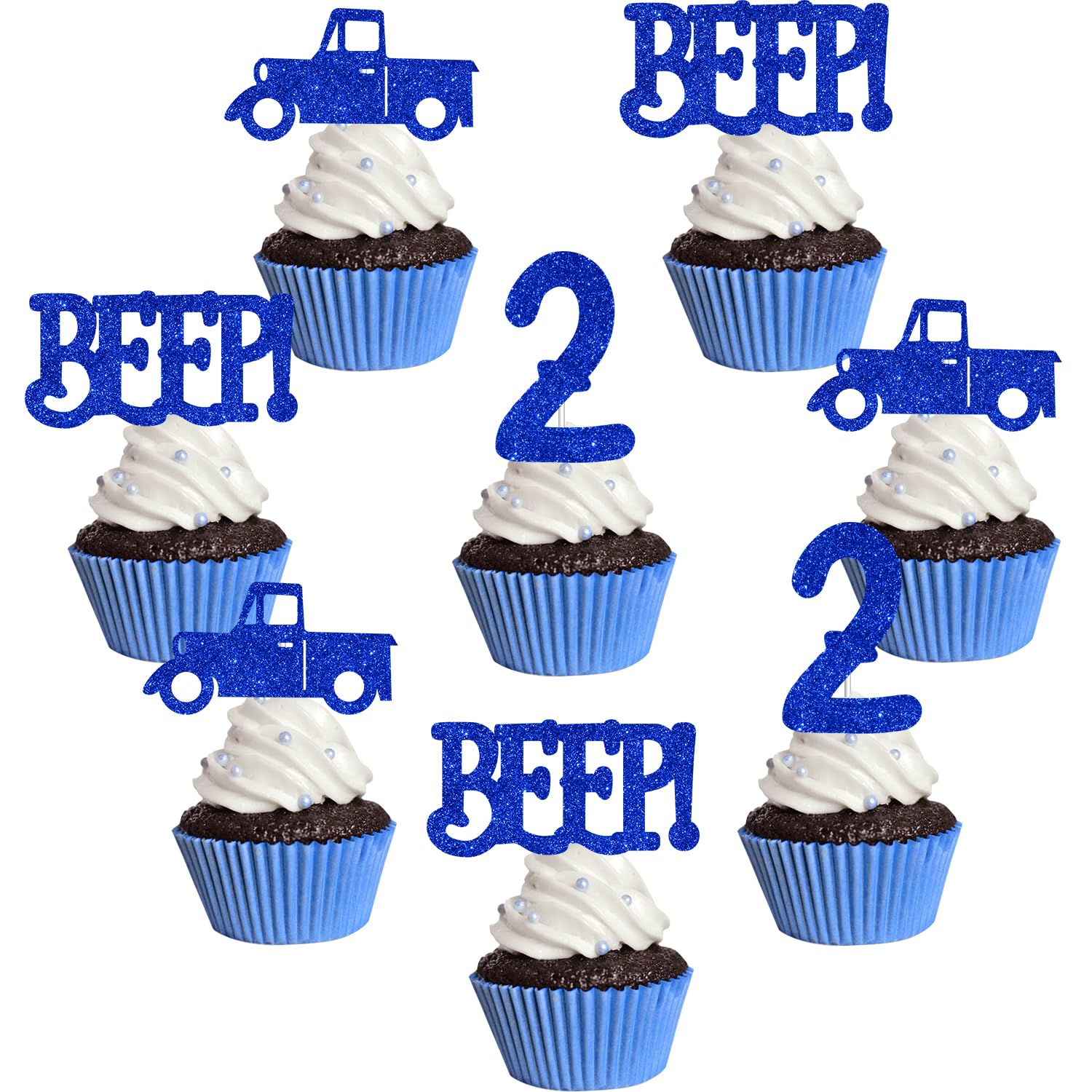 24Pcs Blue Truck 2nd Birthday Cupcake Toppers Little Blue Truck Party Decorations Glitter Beep Cake Decor for Boys Girls Farm Themed Car Party