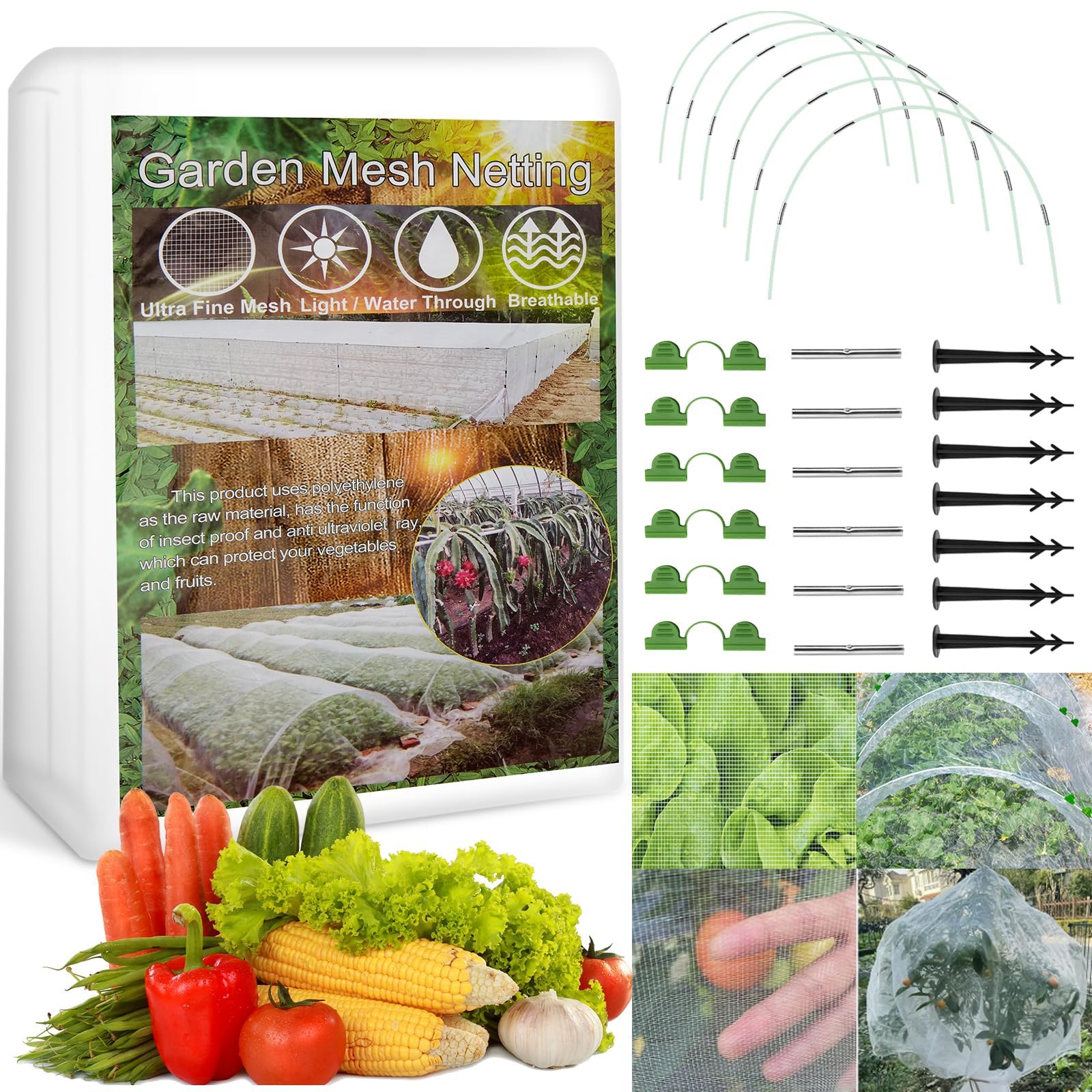 WADEO Kit di rete da giardino, coperture per serre, rete per uccelli per protezione da giardino per aiuole rialzate ortaggi, inclusa rete a maglia fine, telaio in fibra di vetro antiruggine