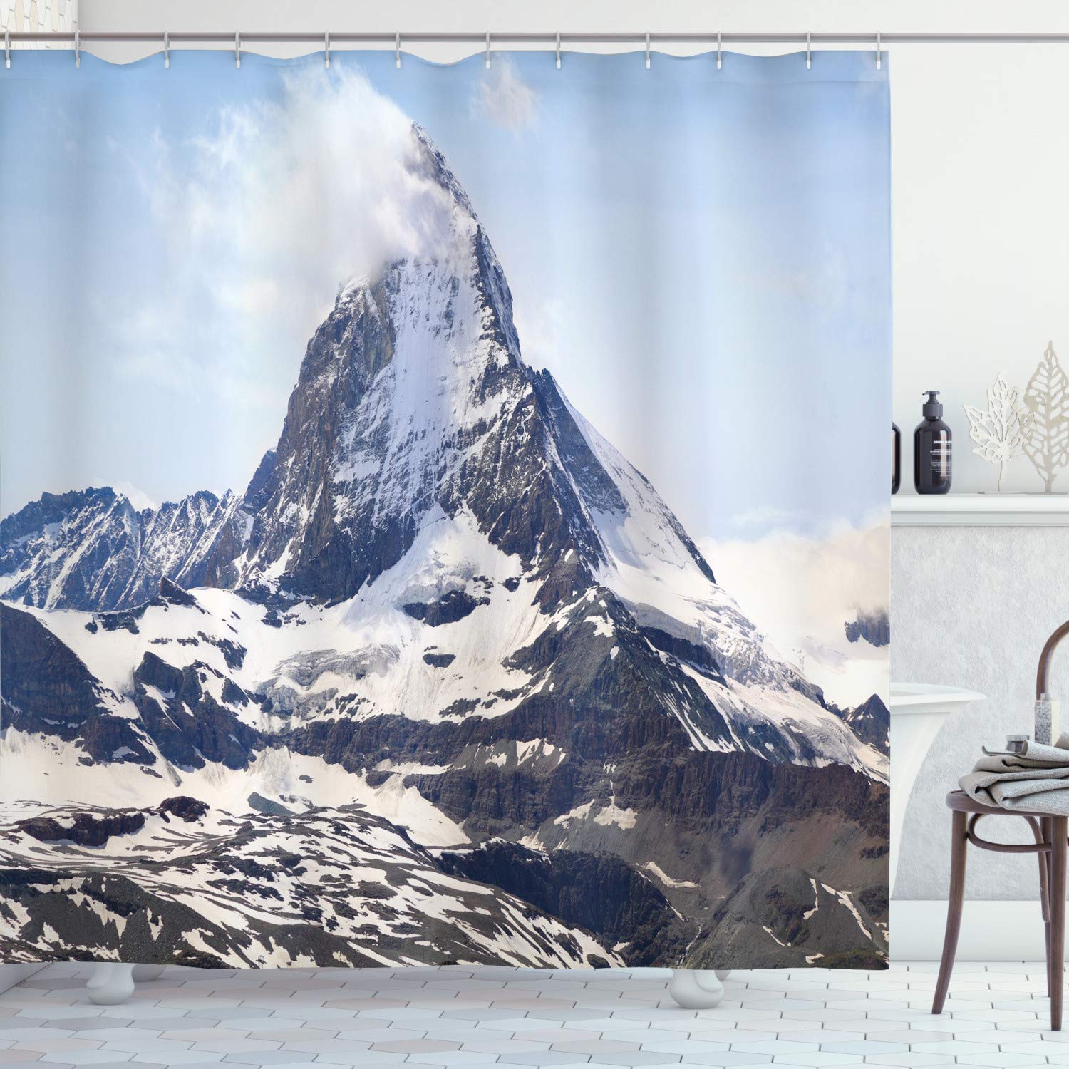 Ambesonne Mountain Shower Curtain, Matterhorn Summit Clouds Hill Scenery Glacier Natural Beauty Image Print, Cloth Fabric Bathroom Decor Set with