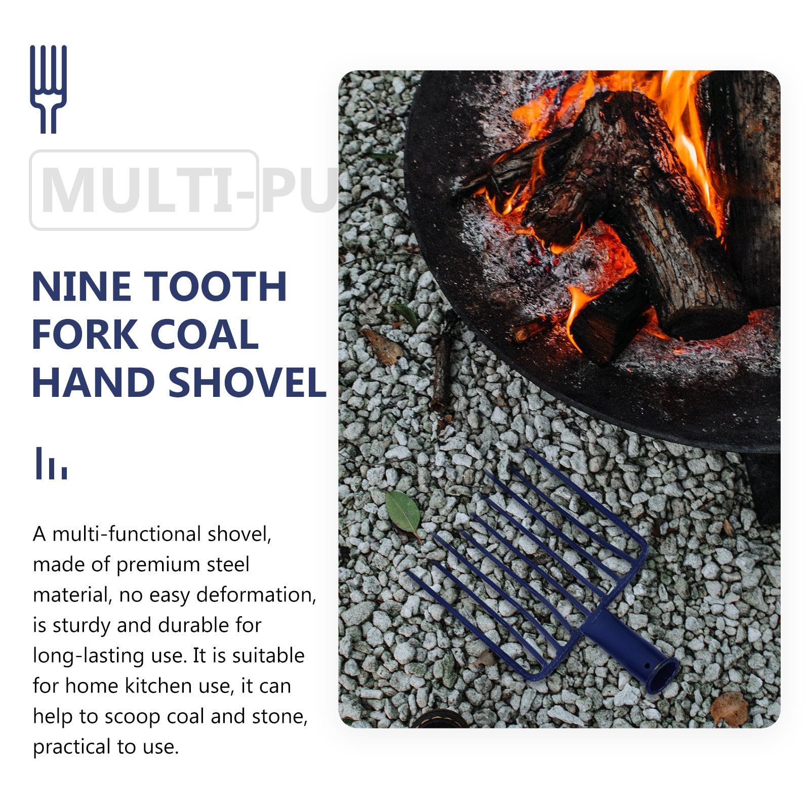TOPBATHY Pala para Carbón de Barbacoa de Acero Nueve Dientes para Esparcir Piedras y Mejorar Eficiencia en Uso de Jardín y Cocina