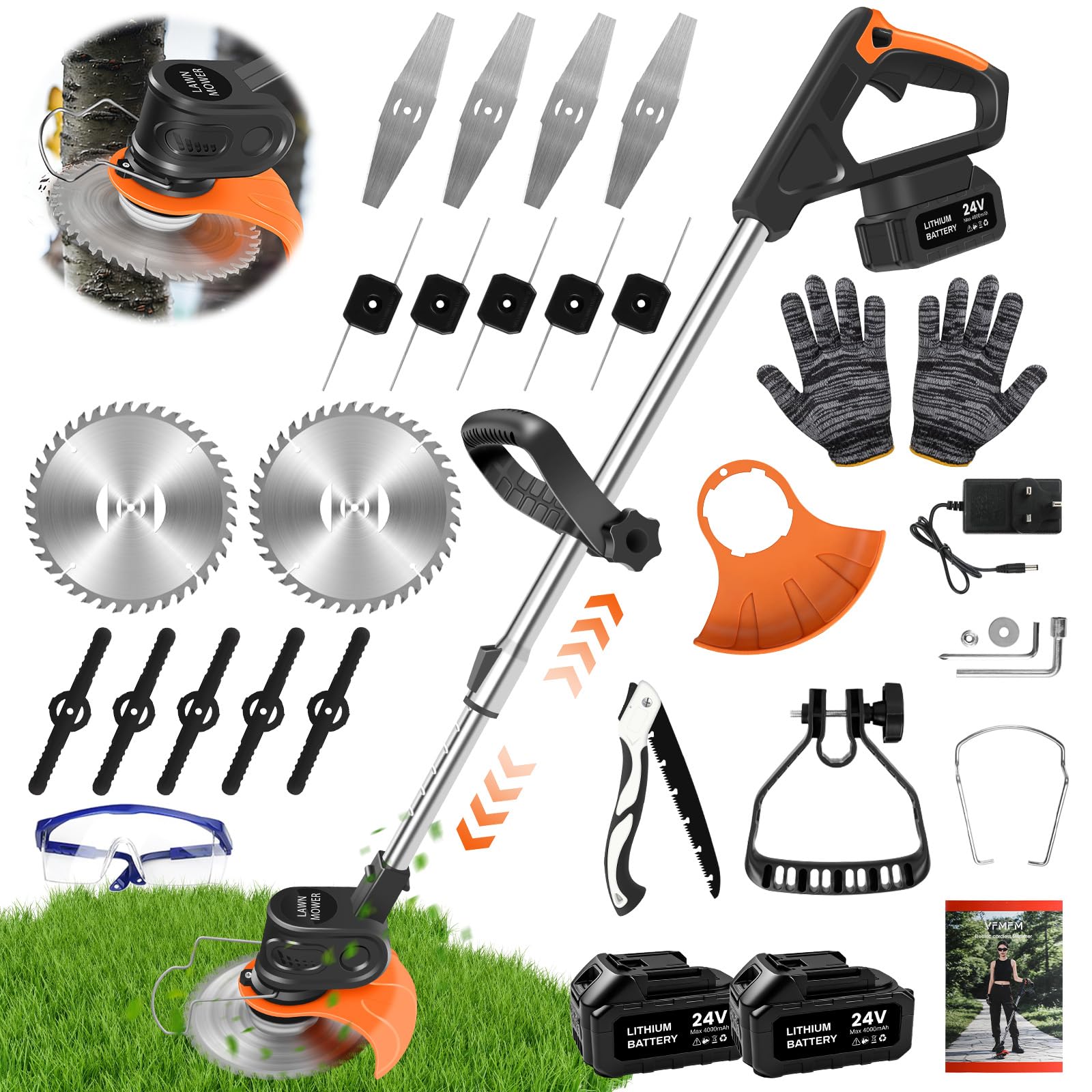 Cordless Strimmer, 24V Electric Grass Trimmers with 6x Metal Blades & 10x Plastic Blades, Telescopic Garden Strimmer with 2X 4000mAh Batteries, Battery Strimmer Grass Cutter for Garden Lawn Shrubs — image 1