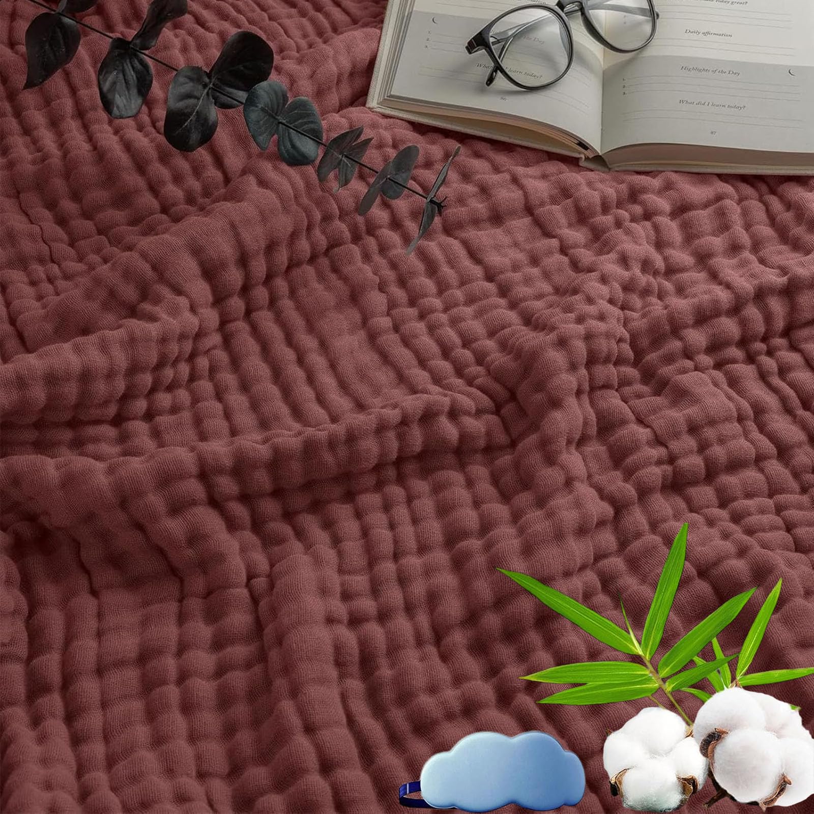 Montivo Musselin Decke, Sanfte Musselindecke Sommer, 100% Aus Natur Baumwolle, Weiche & Atmungsaktive Musselin-Decke für Erwachsene, Kinder, Perfekt für Bett, Sofa (Weinrot, Queen(150x200cm))