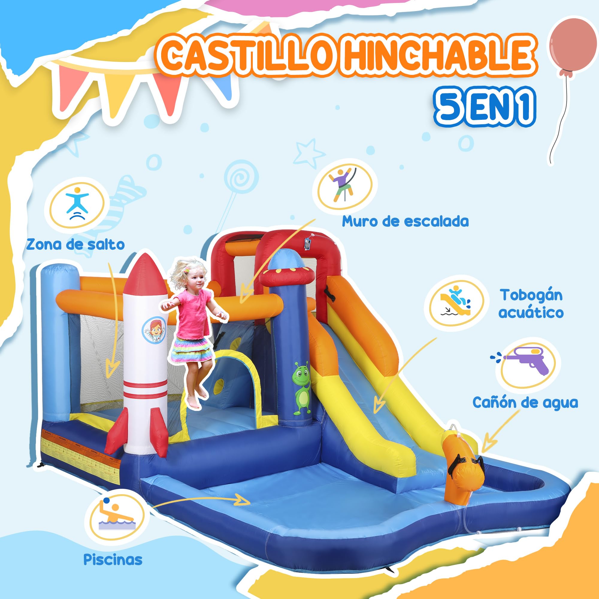 AIYAPLAY Castillo Hinchable con Soplador 5 en 1 Parque Acuático Hinchable para Niños con Tobogán Piscina de Chapoteo Escalada y Cañón de Agua para Exterior Interior 360x250x195 cm