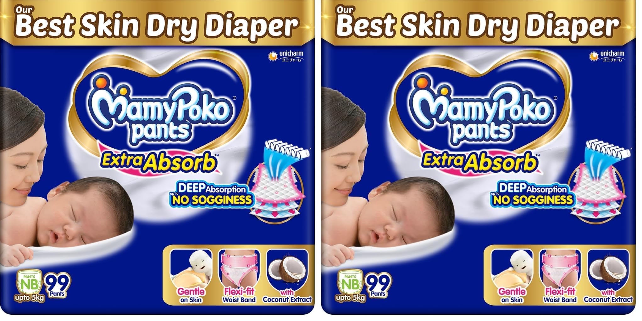 MamyPoko Pants Extra Absorb Baby Diapers, New Born/X-Small | 0-5 kg | 99 Count |Deep Sleep Diapers| Soft Gentle fit |Deep Absorbent Crisscross | Skin Friendly with Coconut Oil | (Pack of 2)-image-41