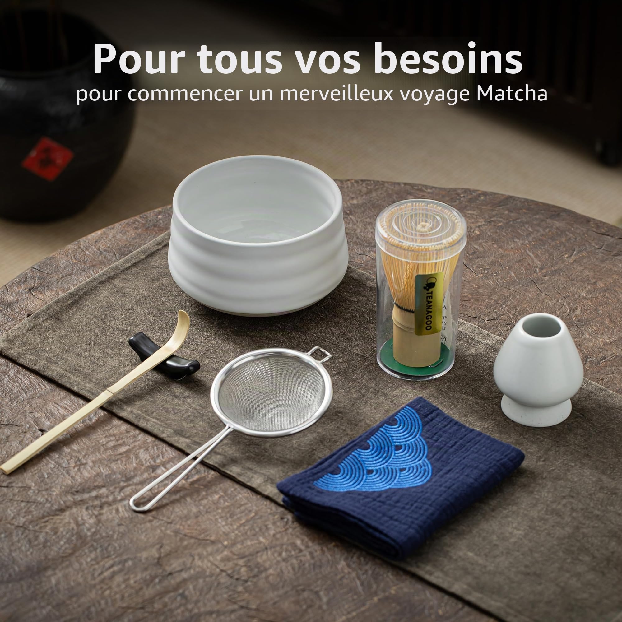 TEANAGOO Matcha Kit 7 pièces, fouet matcha, matcha ceremonie，bol à Matcha, fouet en bambou Matcha, cuillère,support de fouet,poudre de thé vert Matcha，Kit Matcha Japonais Passionnés（Blanc ivoire）