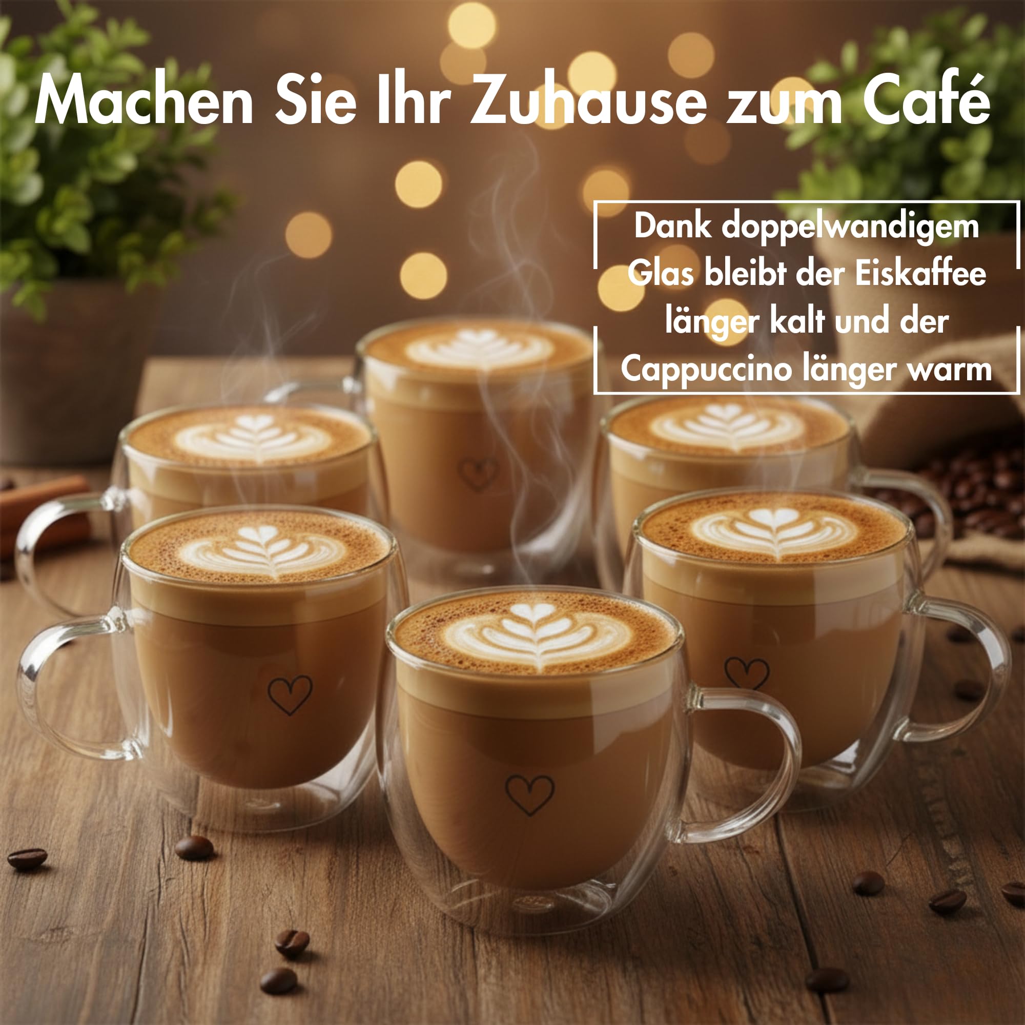 Cappuccino Tassen Glas Doppelwandig 4er Set 250ml – Cappuccino Gläser mit Henkel – Herz Design