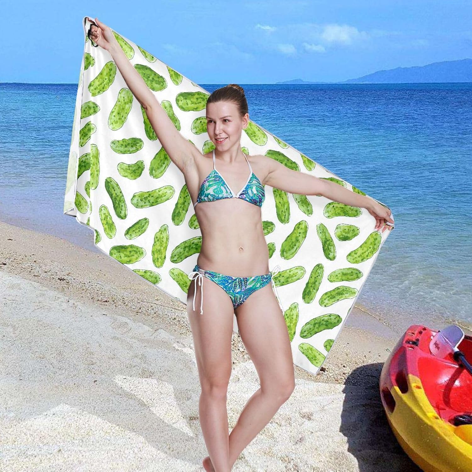 Gredecor Oversized Lightweight Beach Towel 71"x31" Watercolor Cucumbers Pickles Extra Large Thin Sand Free Towels for Travel Swim Pool Yoga Gym Camping Adults Kids