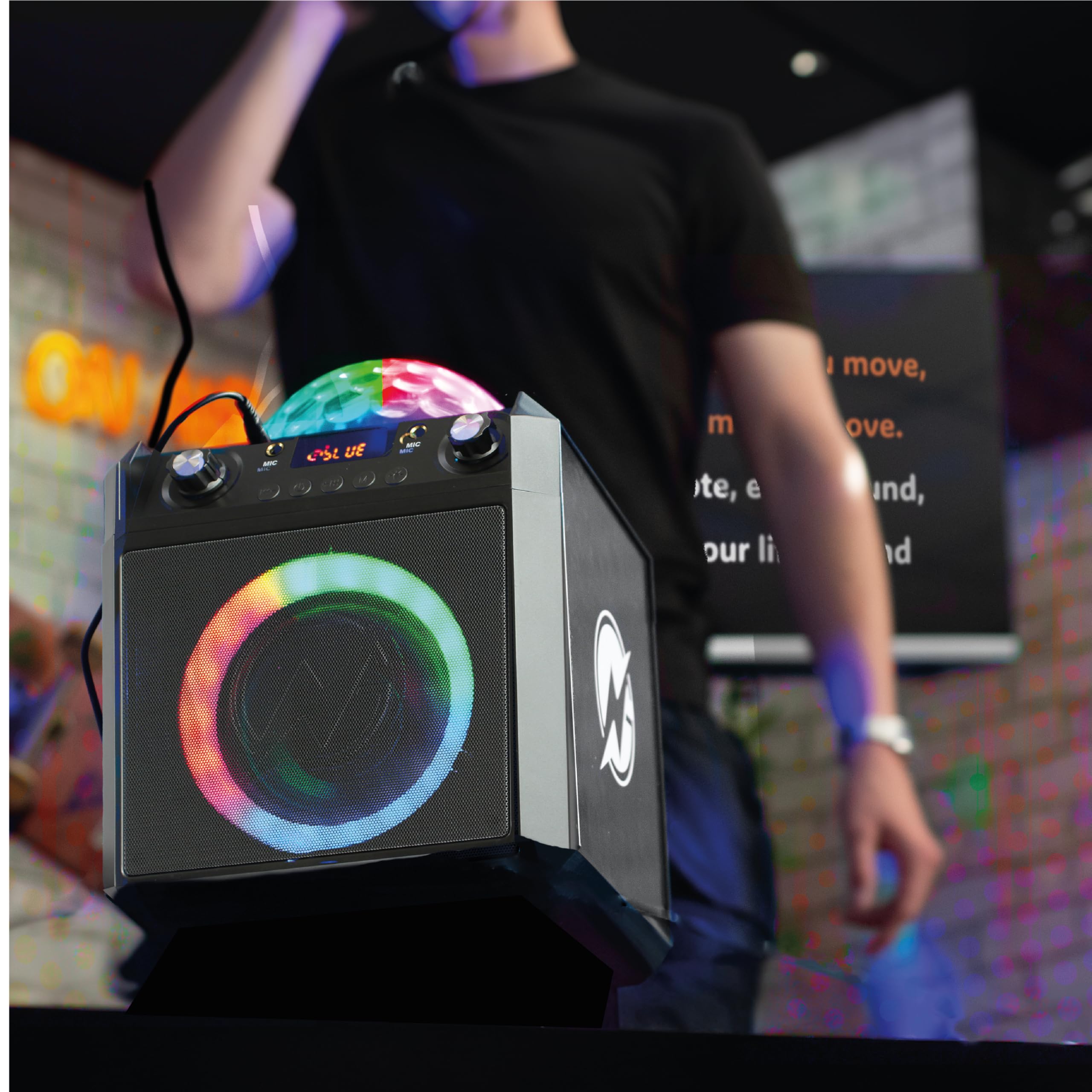 N-Gear The Block Party 602 XL Altavoz Bluetooth Potente 300W con Bola de Discoteca RGB y 2 Micrófonos de Cable Sistema de Sonido Portátil TWS Batería 6 Horas para Karaoke Fiestas - Gris