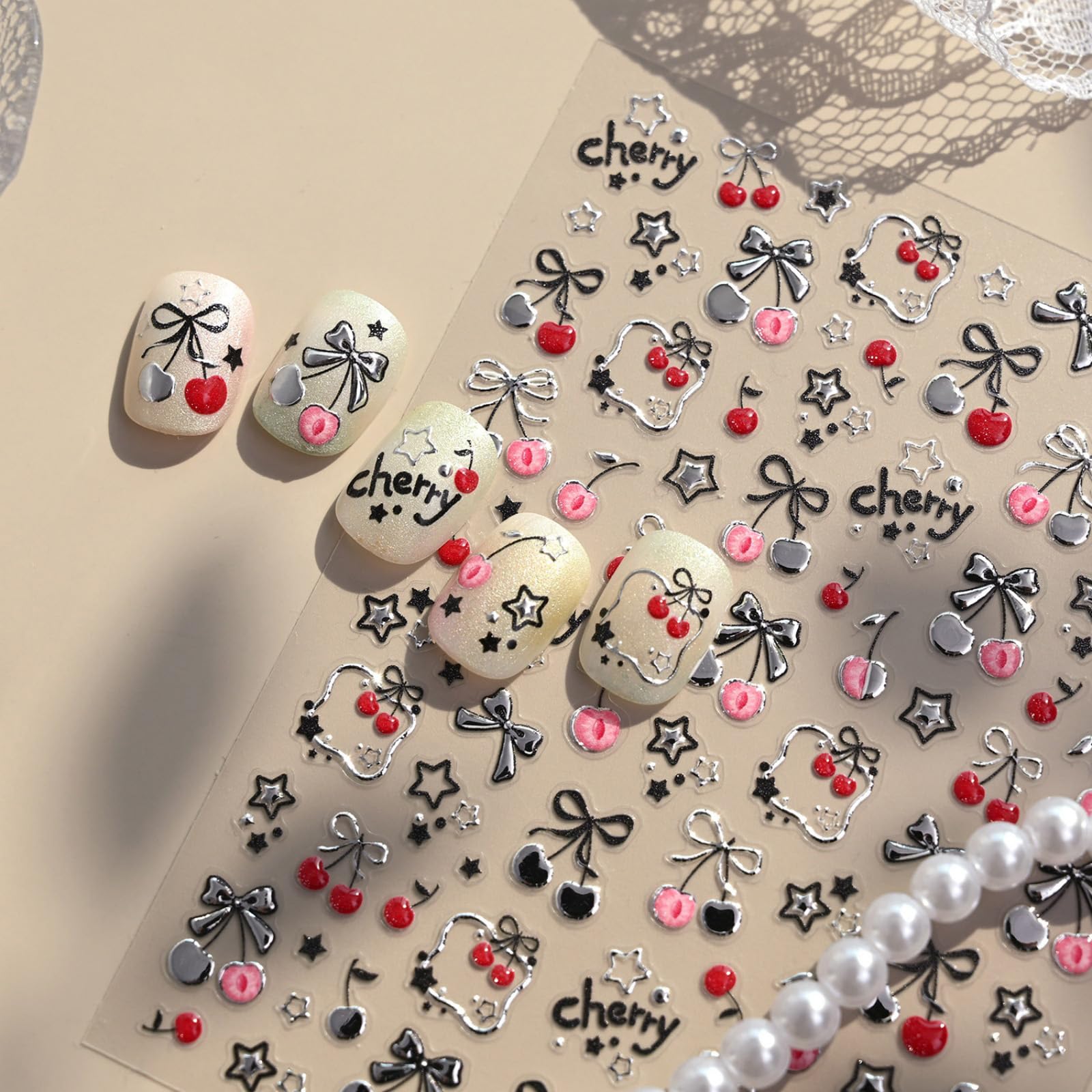 Cherry Bow Nail Stickers Silver Nail Decals 5D Embossed Self Adhesive with Star Design DIY Manicure Cute Charms Supply Decoration for Women 1 Sheets