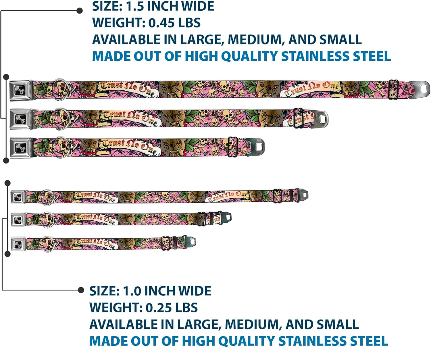 Dog Collar Seatbelt Buckle Trust No One Pink 15 to 26 Inches 1.0 Inch Wide