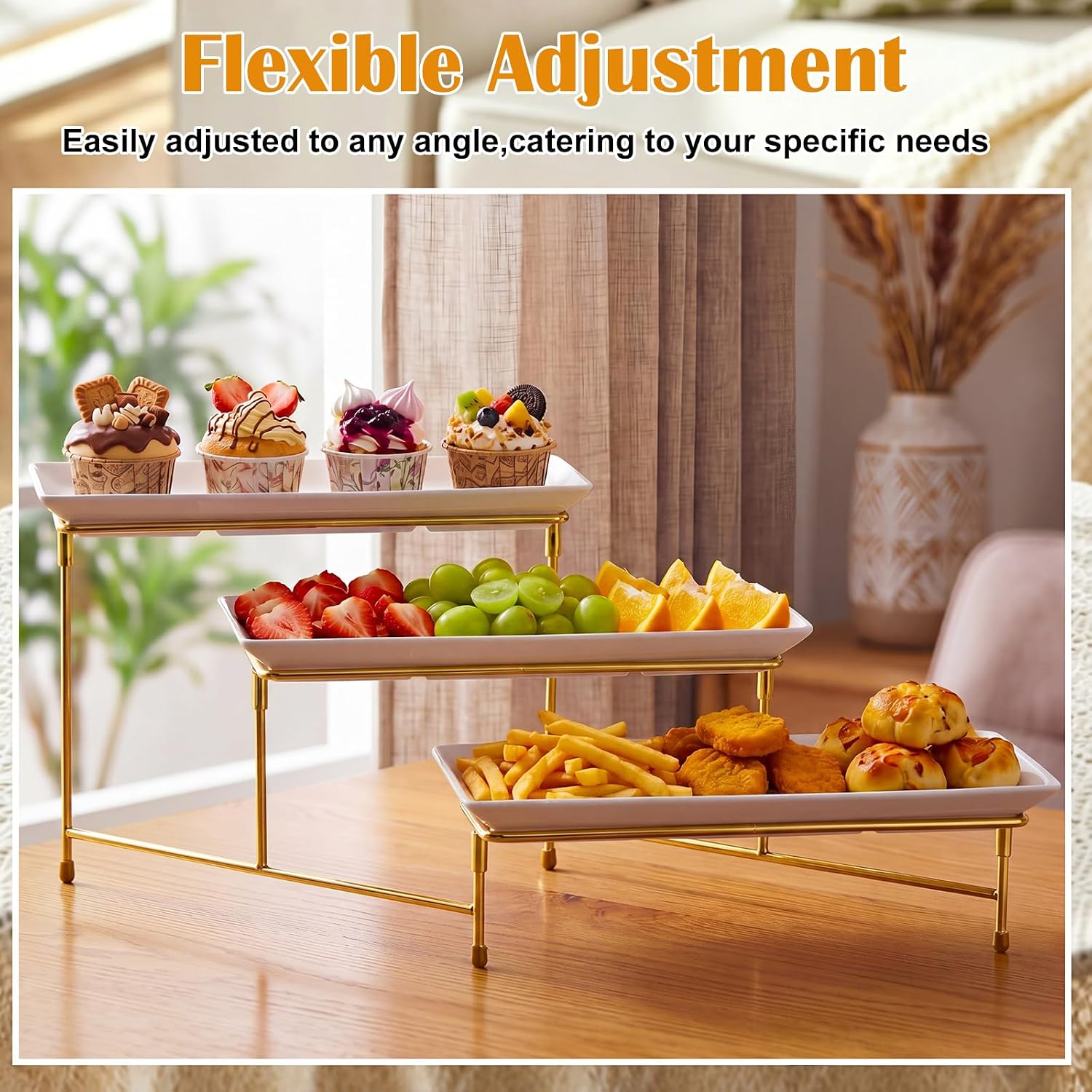 2 Set 3 Tier Serving Trays for Party 12 Inch Plastic Serving Platters and Trays Thickened Material Tiered Tray Stand for Party with Gold Collapsible Metal Stand for Cookies Crackers Fruit