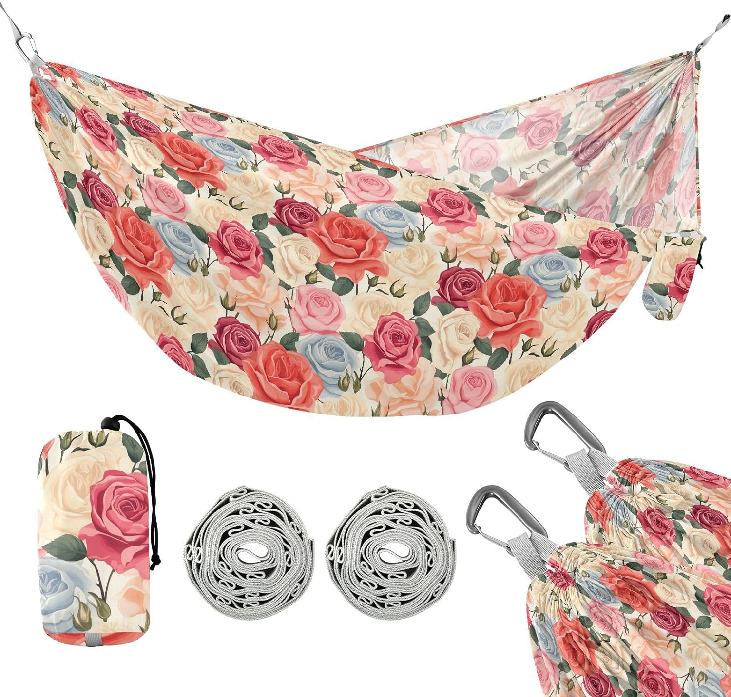 ALAZA Rose Flowers Camping Hammocks Single or 2 Person 500 lbs Portable Parachute Travel Hammock w/Tree Straps for Hiking Backpacking Indoor Outdoor