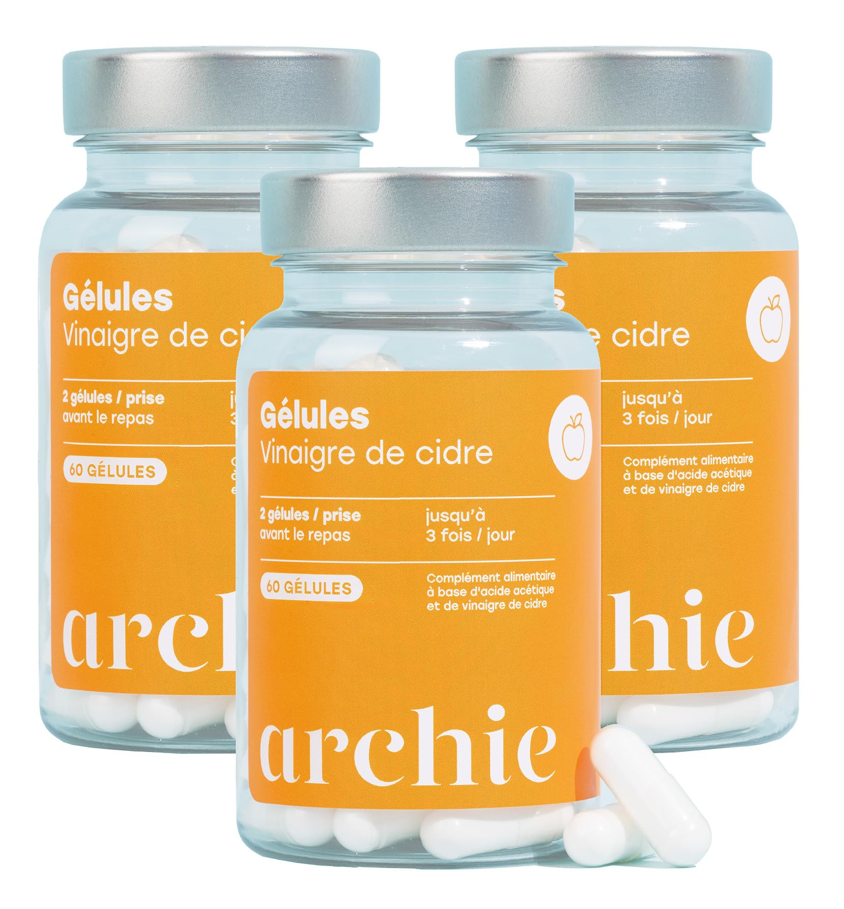 Archie, Pack Gélules Vinaigre de Cidre Biologique, avec Acide Acétique - Naturel, vegan, sans gluten, sans sucre. Cure de 3 mois. 180 capsules. Made in France.