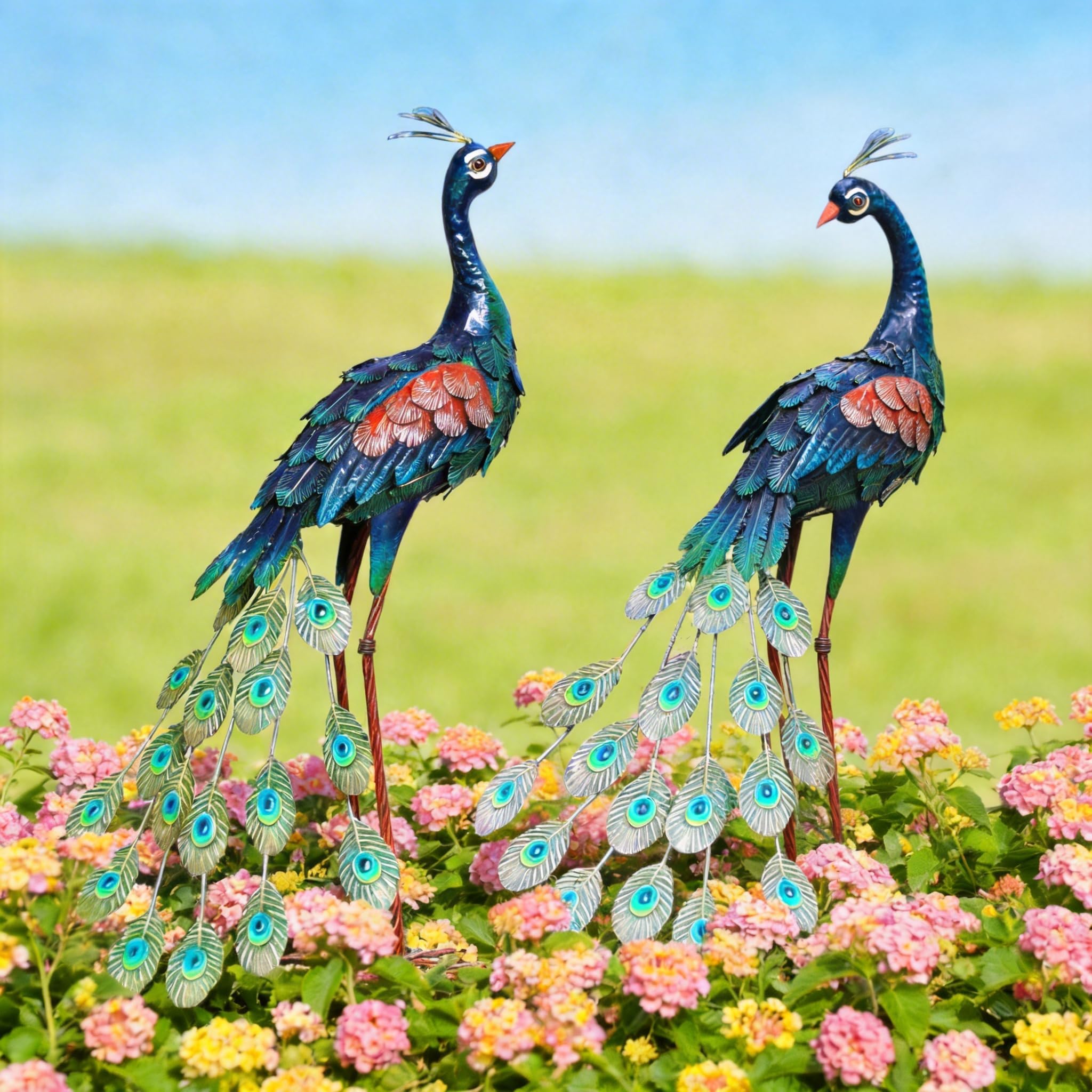 Garden Decor Outdoor Statues, Metal Peacock Decor for Outside, Garden Art Sculptures Standing for Patio Yard Lawn Home Decorations, Set of 2