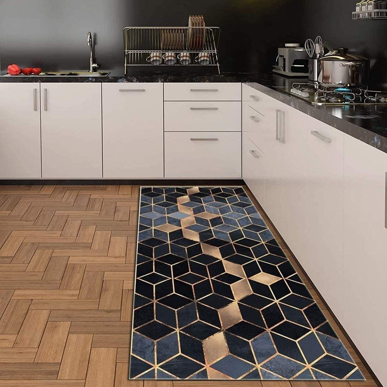 Long tapis de couloir moderne de luxe épais avec envers antidérapant pour couloir/porte/escaliers, noir, gris, doré, 120 x 450 cm