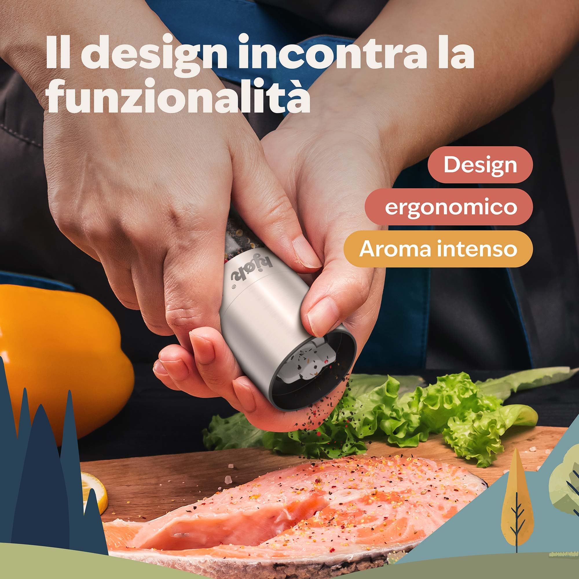 kjøk Set 2 Macinini Sale e Pepe in Acciaio Inox e Vetro – macinapepe manuale con macinazione in ceramica regolabile – senza BPA – per sale, pepe ed erbe essiccate