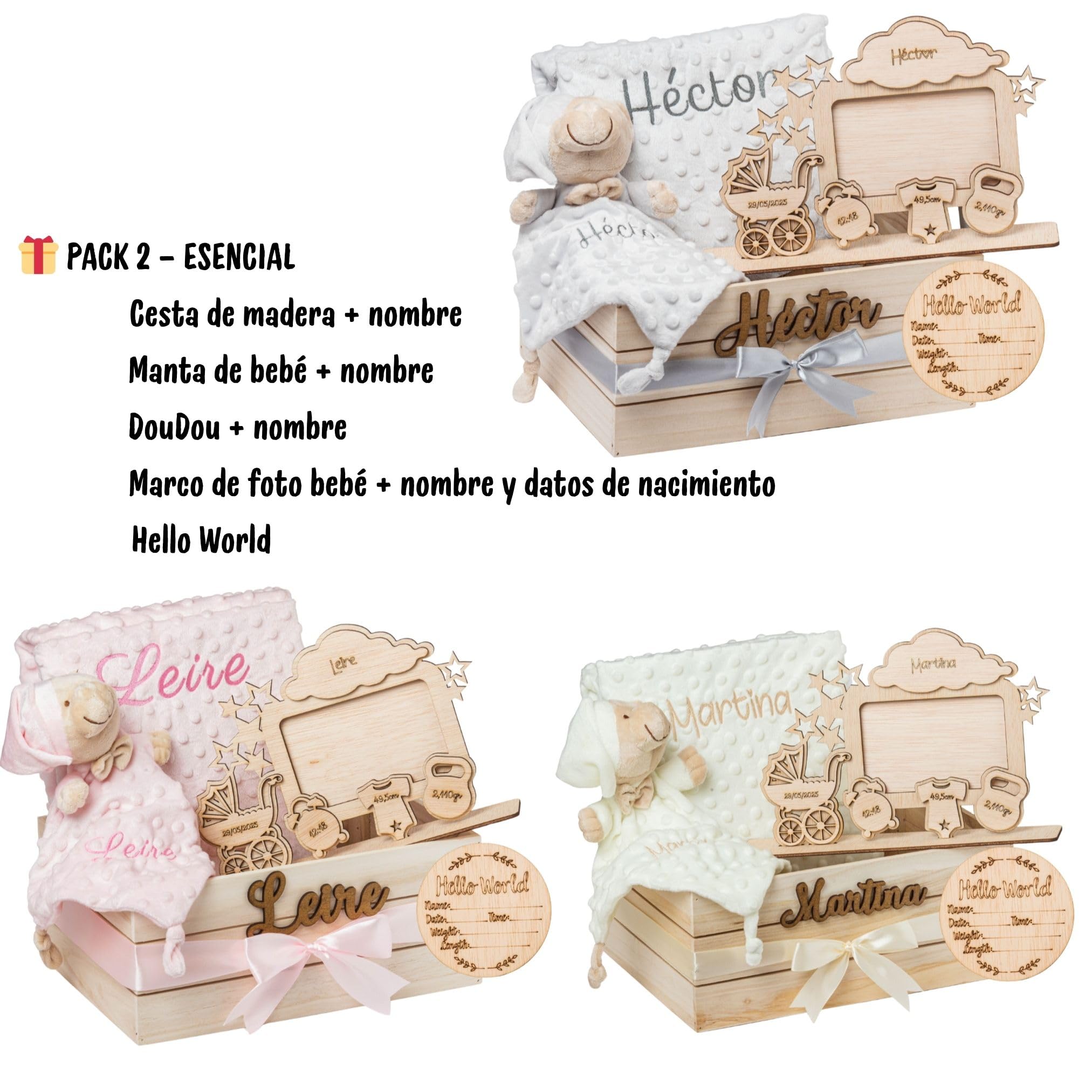 Regalo para Bebé Recién Nacido Niño o Niña | Cesta con Manta, DouDou, Capa de Baño, Nube Decorativa y Marco|Canastilla Embarazo,Bautizo,Hospital y Baby Shower | Nombre en Madera | Olesea (Gris)